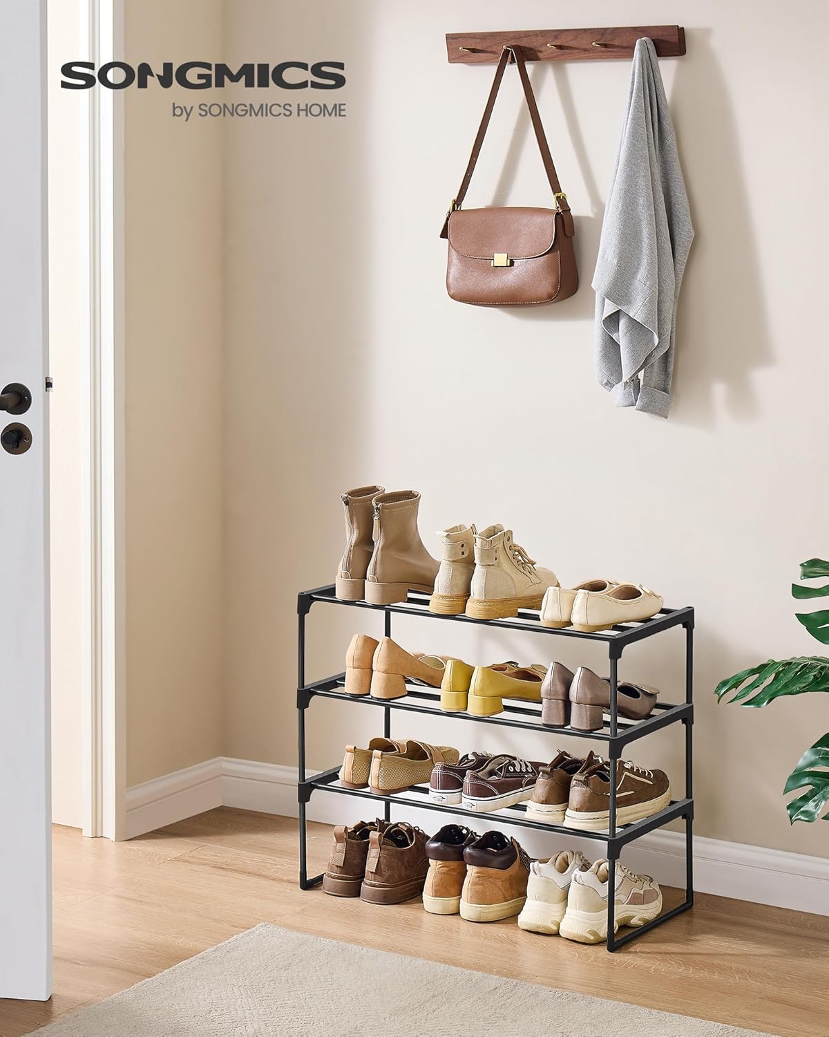SONGMICS Shoe Rack, 3-Tier Shoe Organizer, Metal Storage Shelf, Upright or Upside Down, for 8-12 Pairs, Stackable, for Entryway, 11.8 x 26.8 x 21.7 Inches, Black ULSA203B01
