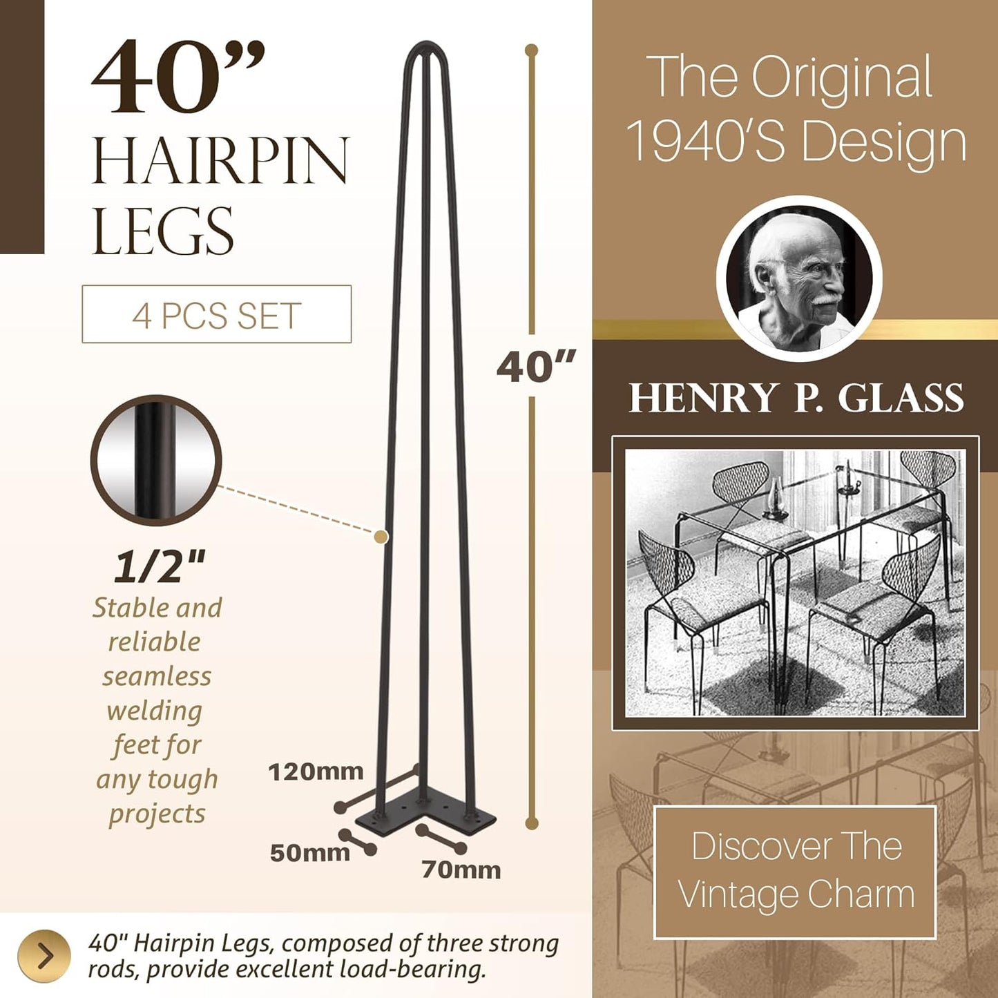 TEN49 Heavy Duty Hairpin Table Legs - 40 Inch Industrial Black Furniture Legs - 1/2" Extra Thickness 3 Solid Rods Metal Table Legs - Fit for Mid-Century Modern Standing Desk, Bar Height Table Legs