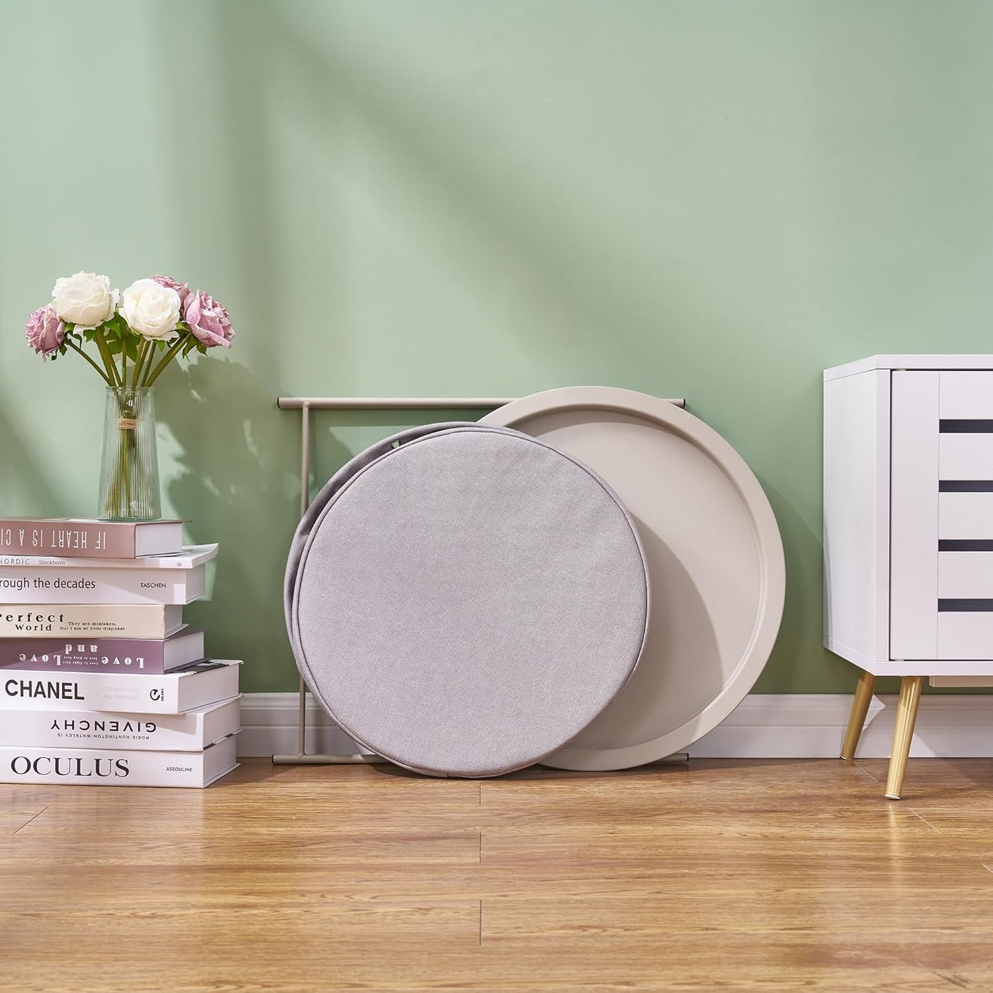 VECELO Round Side/End Table with Fabric Storage Basket，Metal Anti-Rust and Waterproof Small Bedside Nightstand with Removable Tray Top for Living Room，Balcony & Laundry，Grey /1pcs with Basket