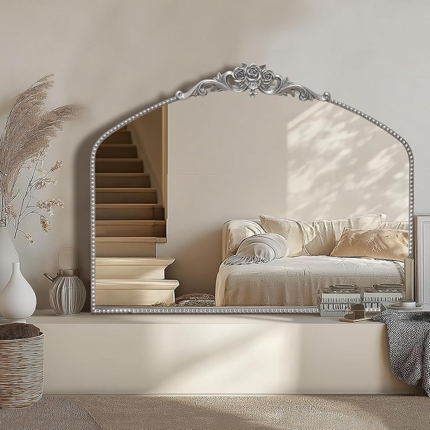 AIXI HOME Silver Arched Mirror, 40" x 30" Traditional Vintage Antique Mantel Mirror with Ornate Metal Frame, Baroque Wall Mounted Mirror for Entryway/Fireplace/Hallway/Bathroom/Living Room/Bedroom