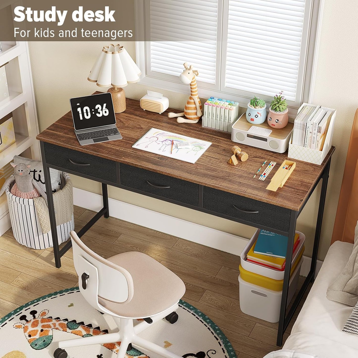 WOHOMO Computer Desk with 3 Drawers, 47.2 Inch Bedroom Desk with Storage, Home Office Desk for Room Spaces, Modern Work Writing Study Tables, Rustic