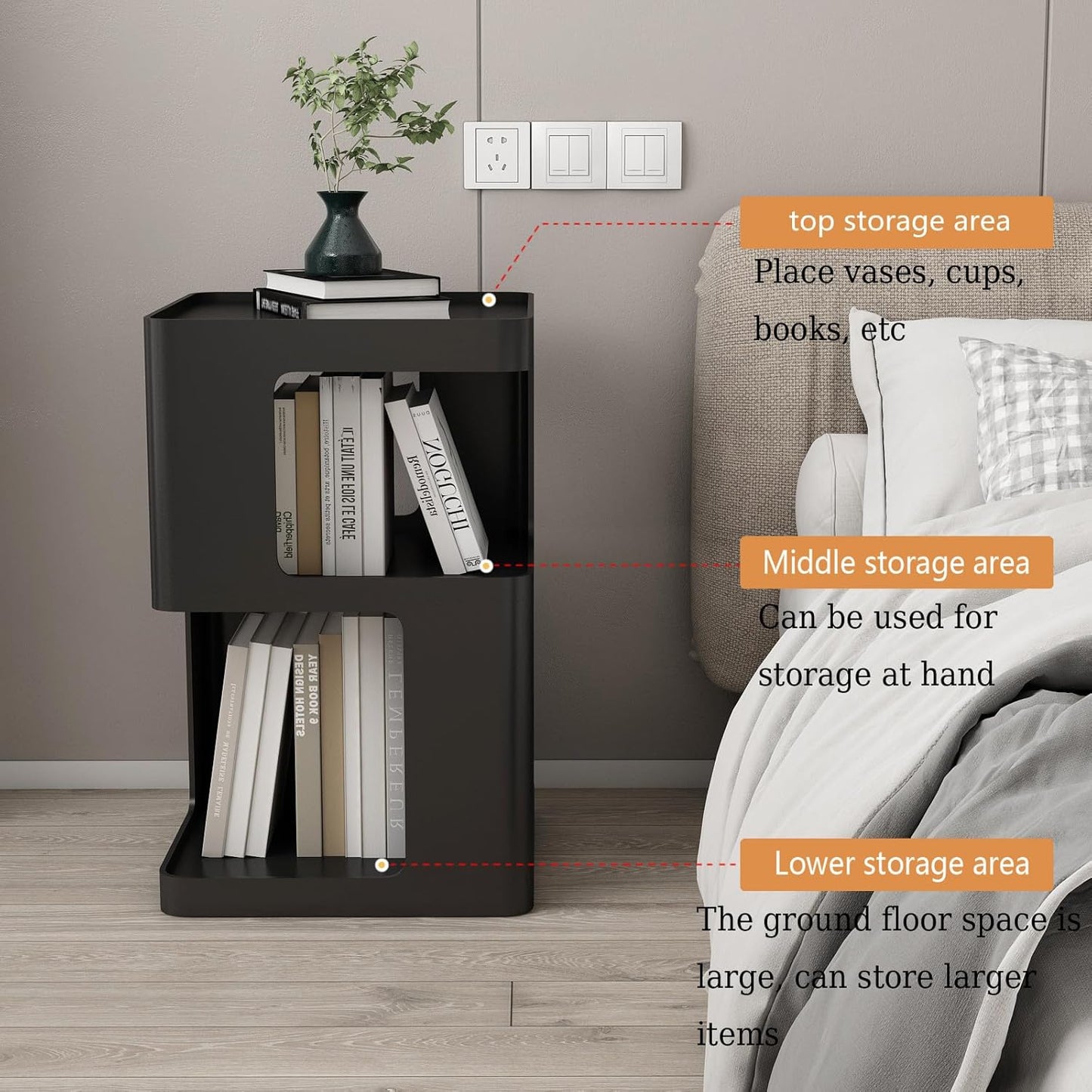 Black Side Table, Modern Nightstand Metal End Table for Living Room Bedroom,Square Bedside Table-3 Tier Storage,Not Assemble Required