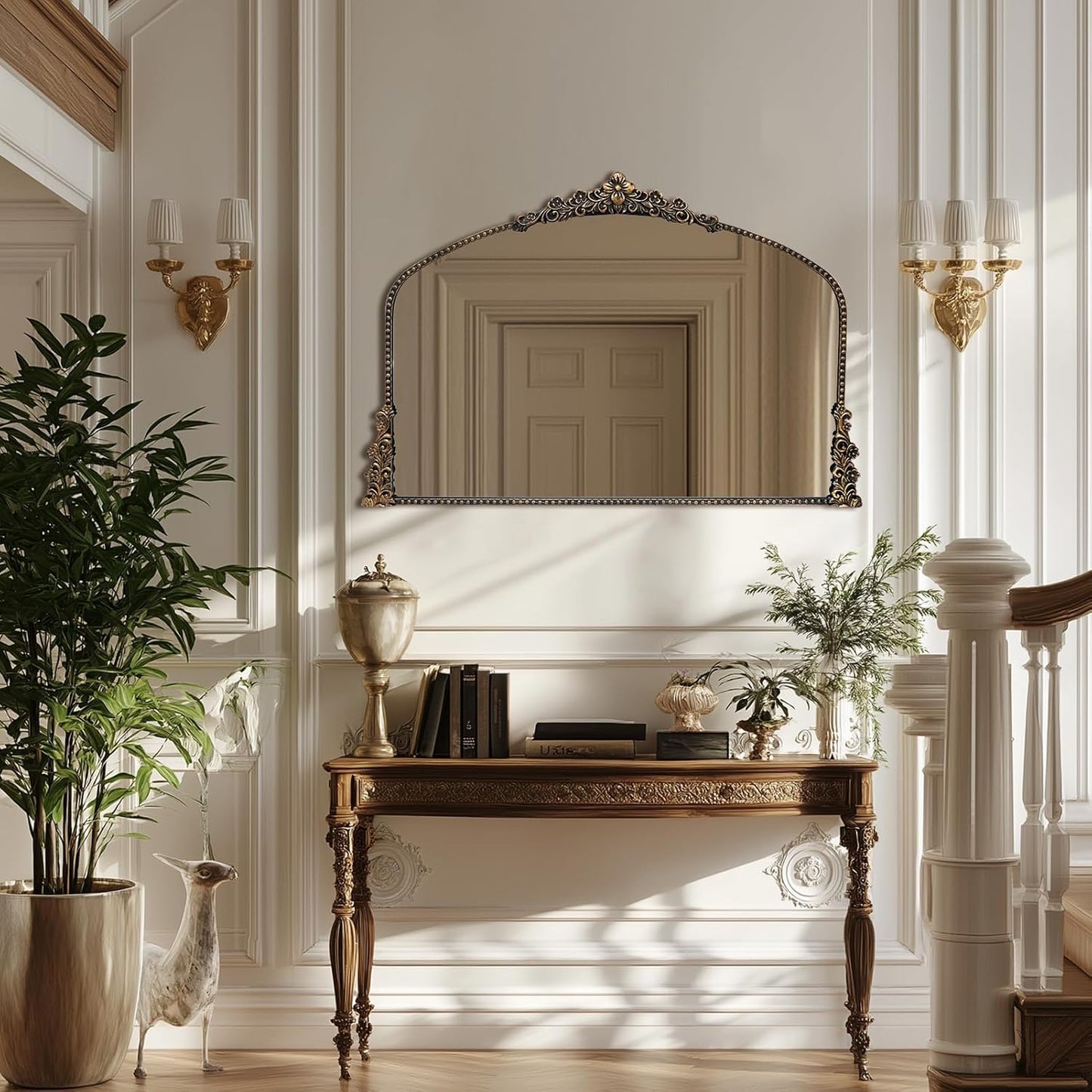 Vintage Arched Mirror, 40"x 30"Antique Baroque Mirror Style Metal Beaded Frame for Entryway Hallway Living Room,Vintage Black