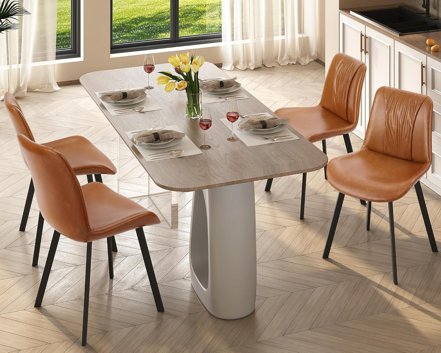 Upholstered Dining Chairs Set of 4, Modern Kitchen & Dining Room Chairs, Faux Leather, Sturdy Metal Legs, for Living Room, Cafe & Restaurant- Brown