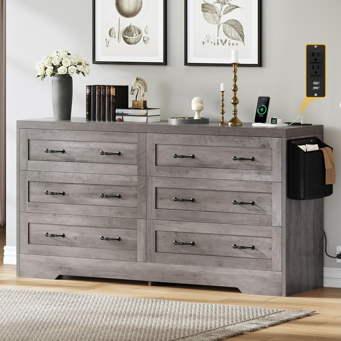 YITAHOME 6 Drawers TV Stand for 65 inches with Power Outlets -Chest of Drawers Dresser with Side Organizer Bag Entertainment Center TV Console, Grey