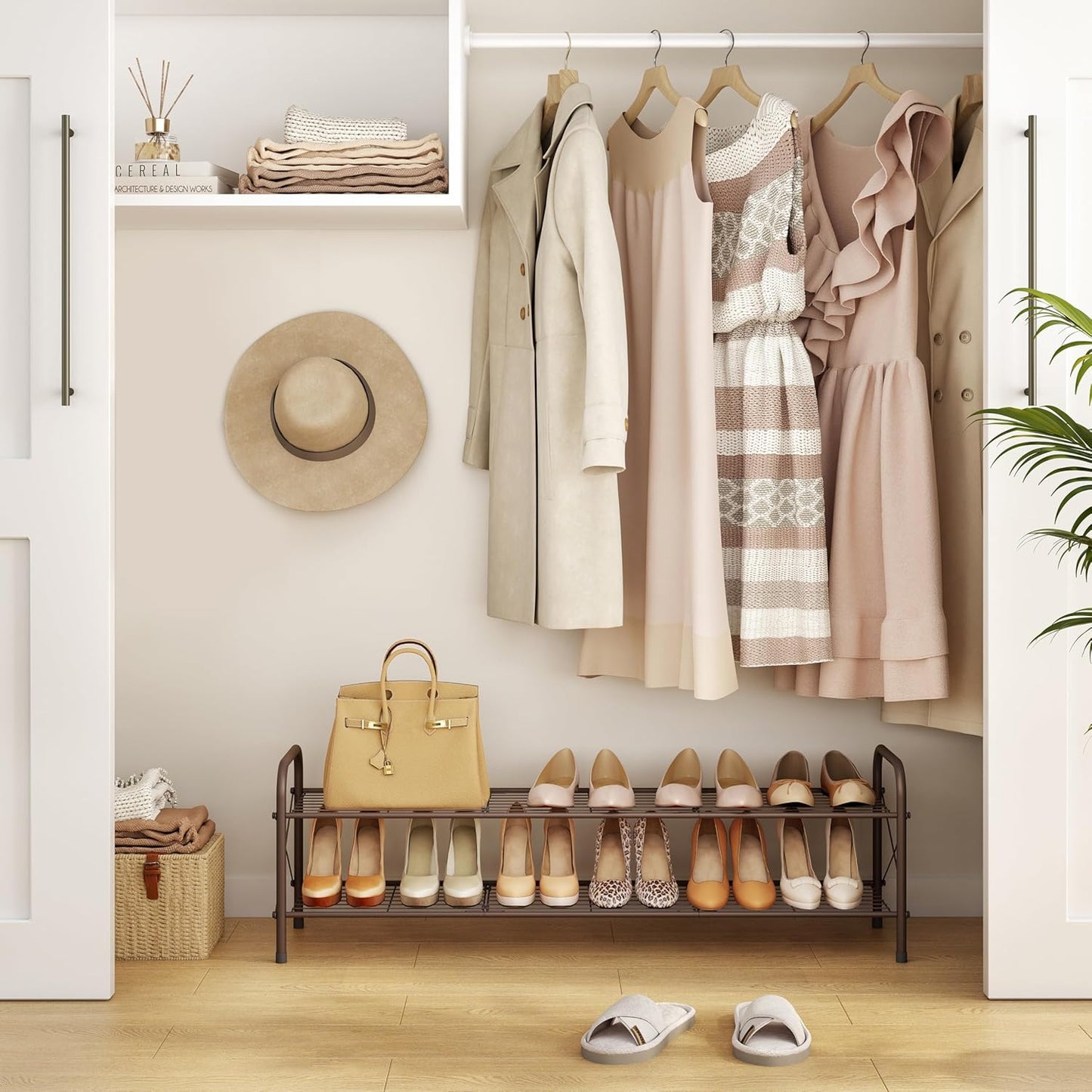 Hoctieon 2 Tier Shoe Rack for Closet, Durable Mesh Style Shoe Rack, Entryway Shoe Shelf, Shoe Storage Organizer for Hallway, Bedroom, Living Room, Wardrobe, Brown