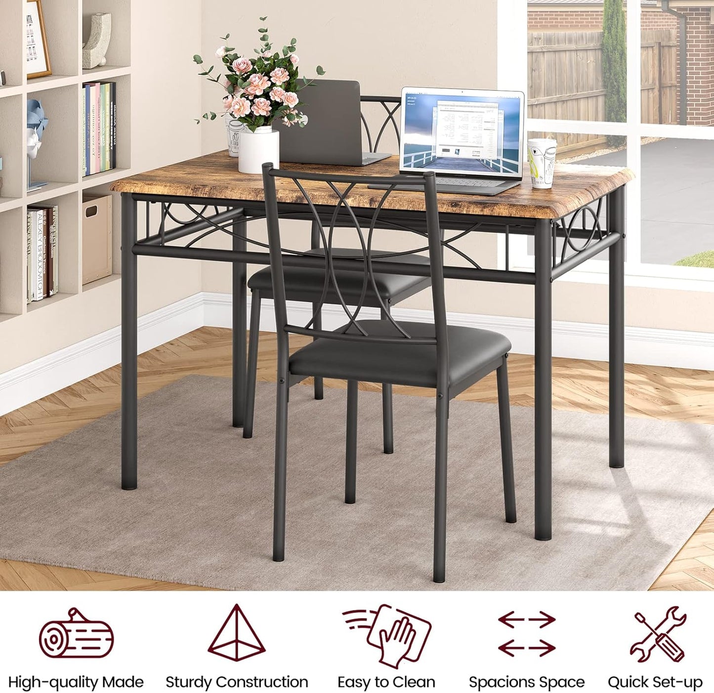 CABIHOME Dining Table Set, 5 Piece Dining Table Set for 4, Rectangle Kitchen Table Set with 4 Upholstered Chairs for Small Space, Apartment, Retro Brown
