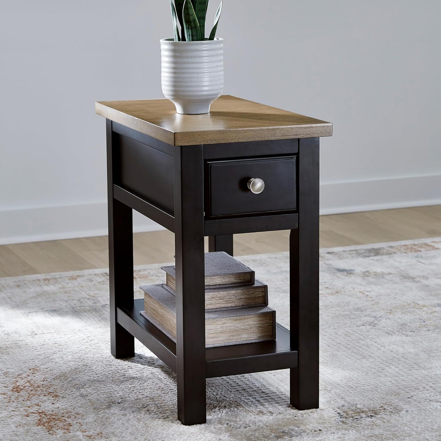 Signature Design by Ashley Drazmine Casual 1 Drawer Chair Side End Table with USB Charging Ports, 1 Lower Shelf and Power Cord, Light Brown & Black