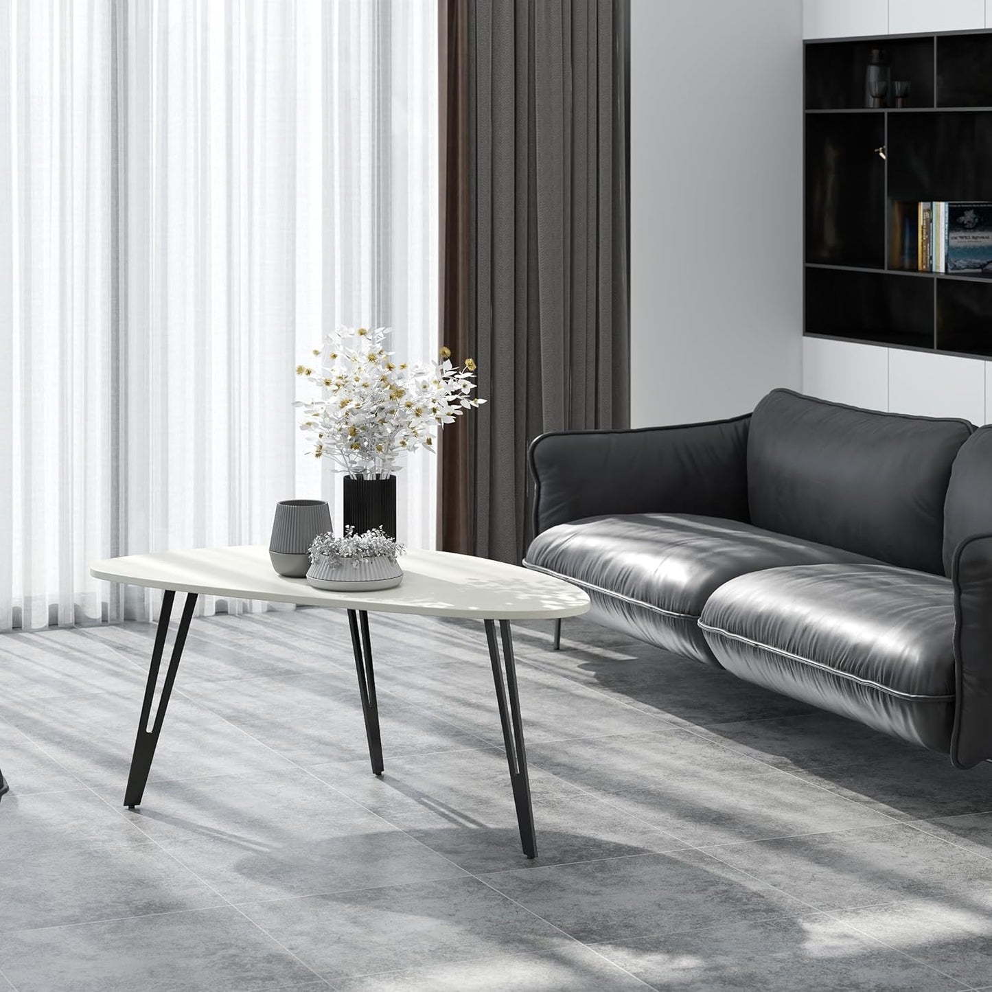 Manora Small Oval Coffee Table White, Modern Coffee Tables for Living Room, Office Coffee Table Small Space, Minimalist Center Table, Tea Table, Easy Assembly