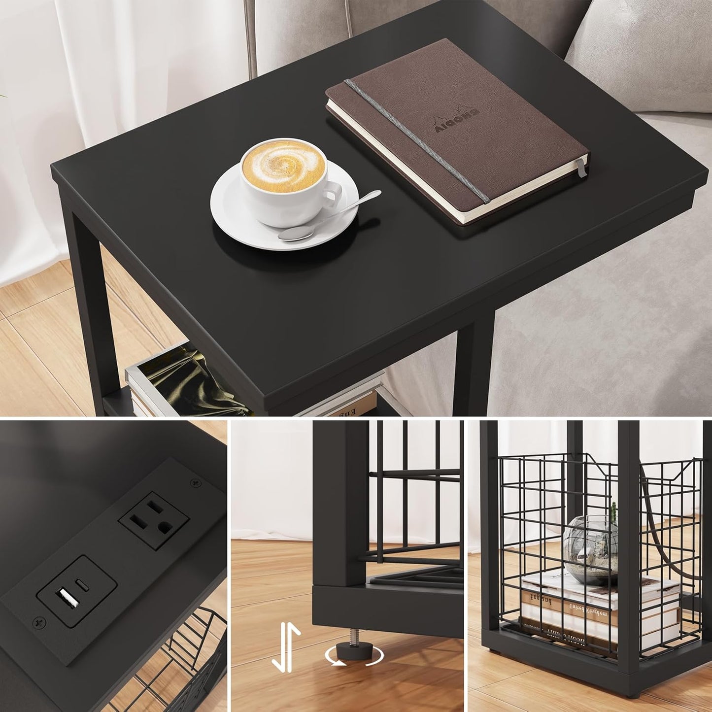 Vagusicc C Shaped End Table with Charging Station, Side Table for Couch, Small Side End Table for Small Spaces, 28" High Slide Under Sofa Table for Coffee, Tv Tray Table for Living Room, Black