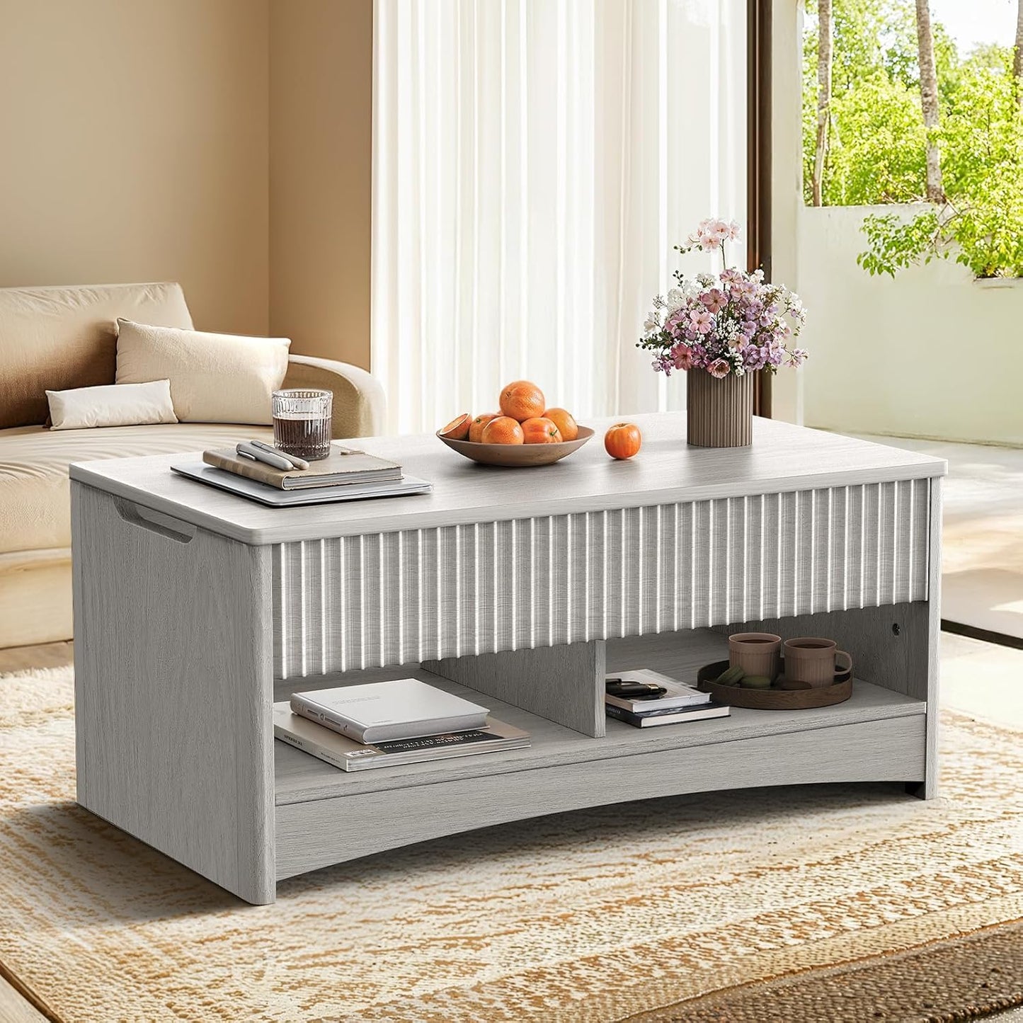 Marsail Lift Top Coffee Table with Open & Hidden Storage, Modern Fluted Coffee Table with Smooth Lift Mechanism, Sturdy Space-Saving Center Table for Home Living Room, Office, Light Grey