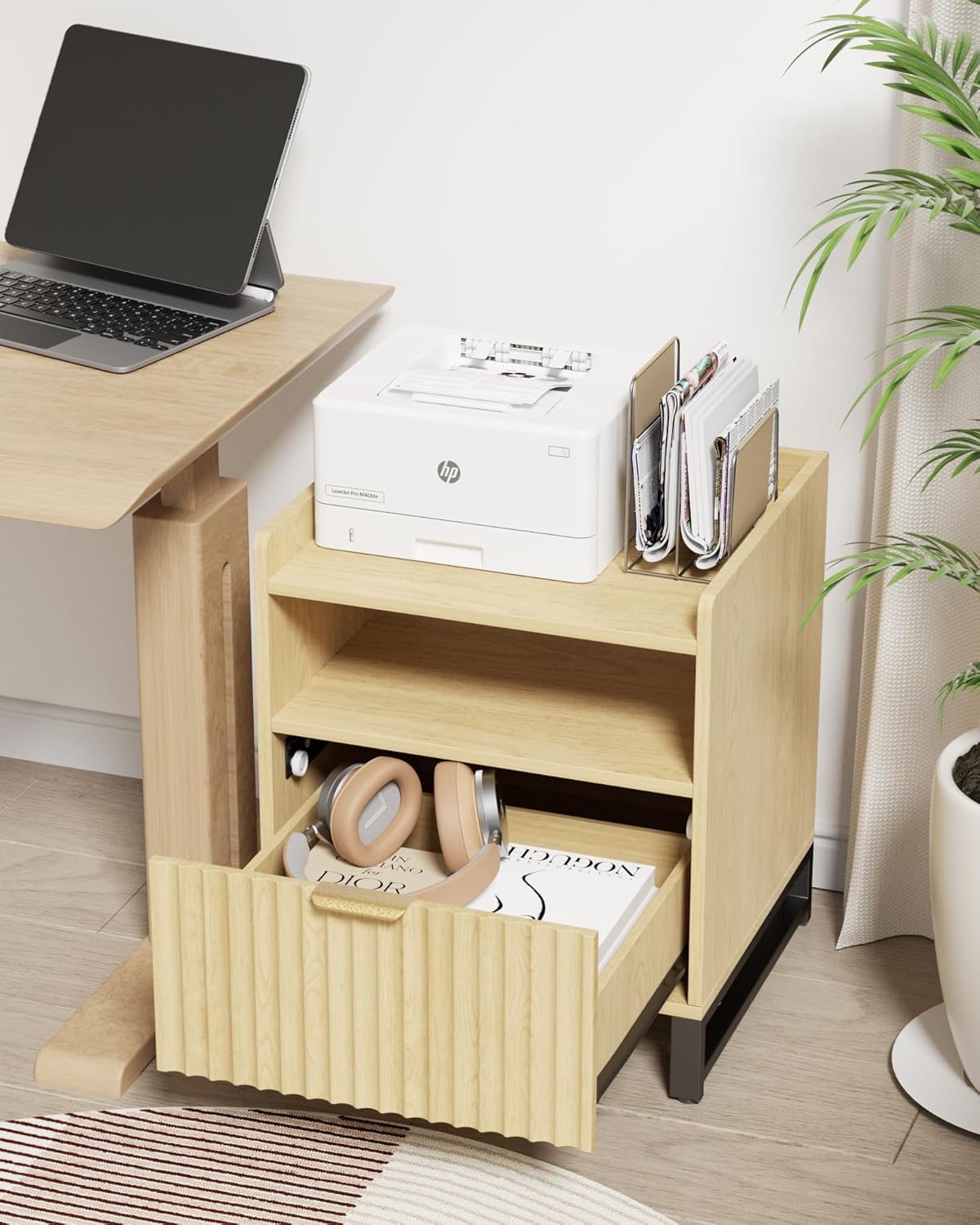 Fluted Night Stand with Charging Station, Wood Nightstand with Large Drawer and Open Storage Cabinet, Mid-Century Modern Bedside Table End Table for Bedroom Closet Office