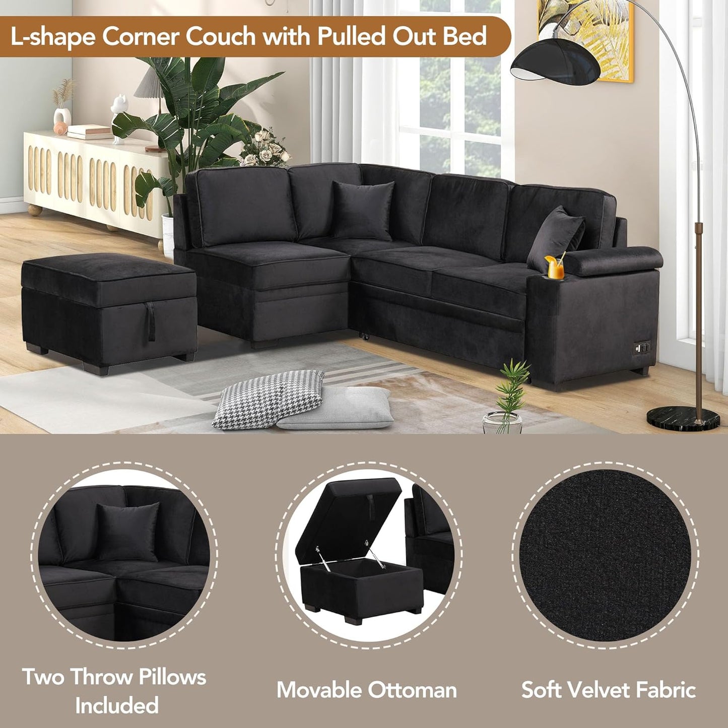 Ball & Cast 84" Convertible Sectional Sofa Bed,L-Shaped Sleeper Couch w/Storage Ottoman,Cup Holder and Charging Stations,Put Out Sofas w/Chaise,for Living Room and Small Apartment,Black