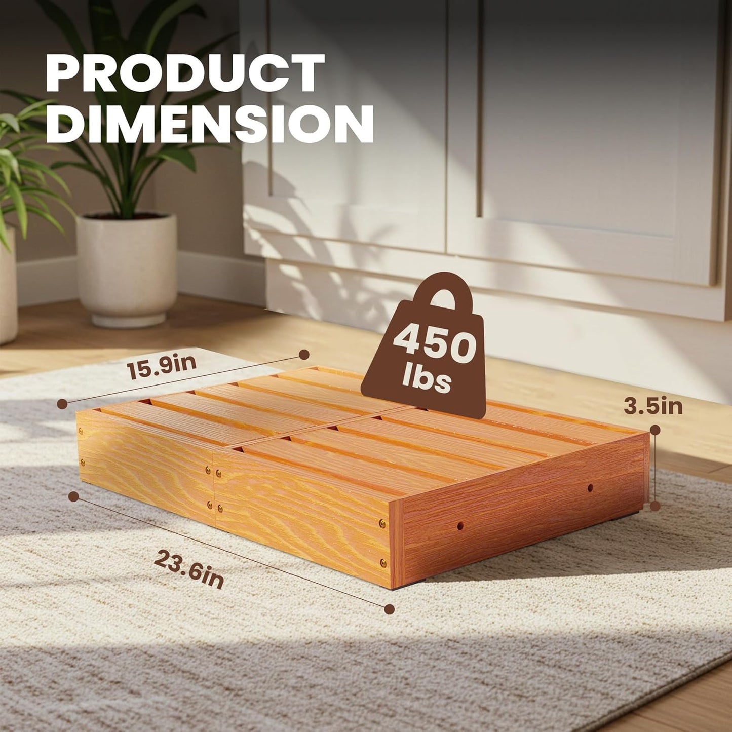 Wooden Step Stool, Durable Pine Wood Platform 23.6" x 15.9", 3.5" High, Supports 450 lbs, Sturdy Minimalist Low Step for Kitchen, Bedroom, Bathroom, Living Room & Indoor Home Décor