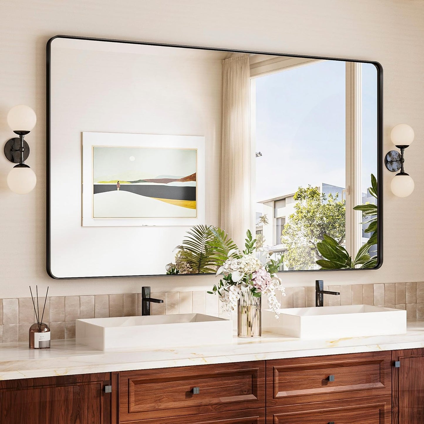 TokeShimi Black Vanity Mirror 60x36,Bathroom Mirror Framed Seamless,Tempered Glass,Rectangle Mirror for Bathroom,Shatterproof Bathroom Wall Mirror(Horizontal/Vertical)