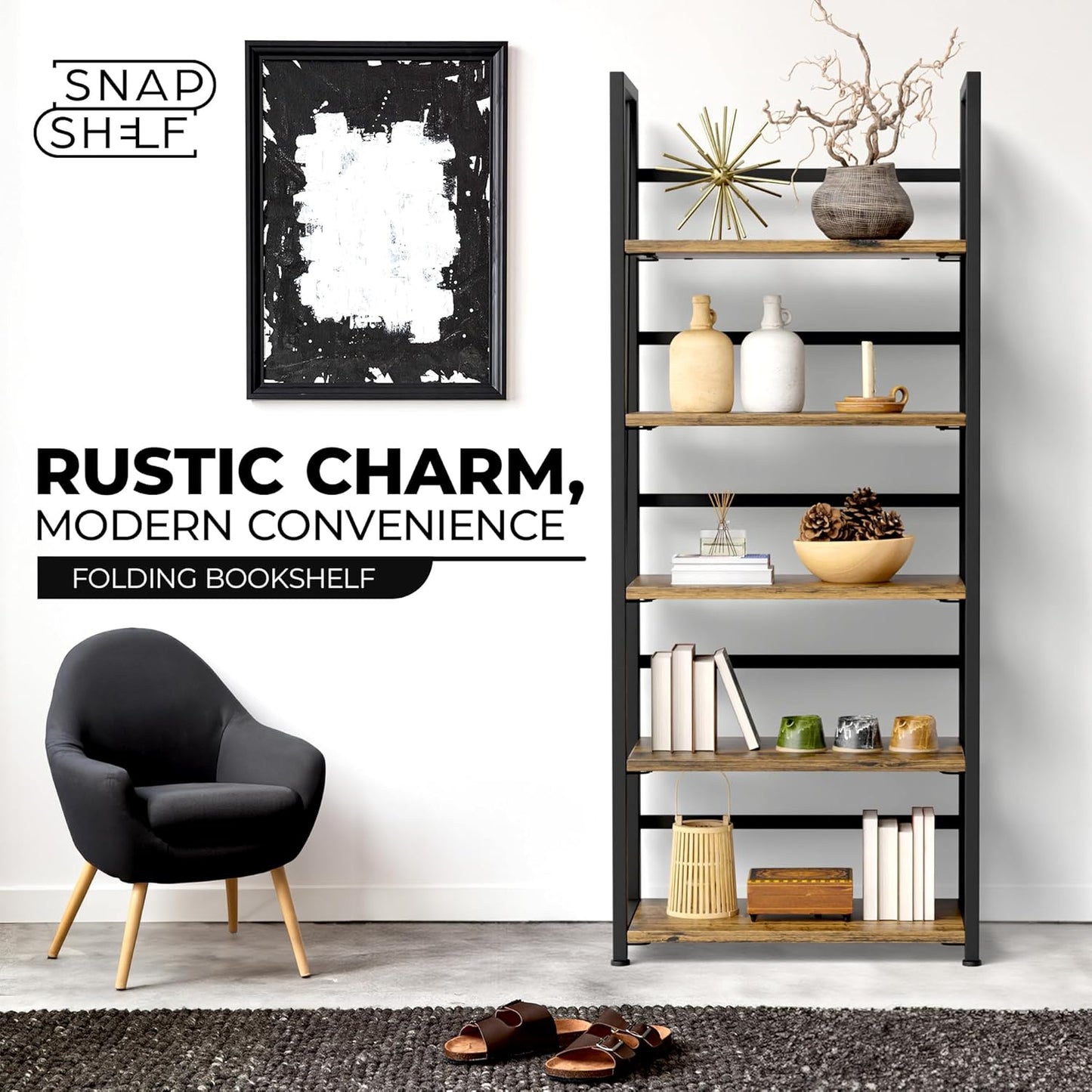 5 Tier Wood Book Shelf Organizer, No Assembly Bookshelf for Bedroom Living Room Office, Rustic Foldable Book Case, Tall Bookshelves, Open Book Shelves, Decorative Folding Shelf Display, Tall Bookcase