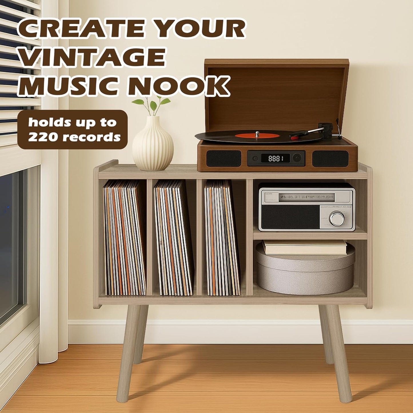 Record Player Stand with Vinyl Storage, Wooden Record Player Table with 5 Cabinet, Large Vinyl Record Player Stand, Record Player Holder, Record Player Shelf for Office Living Room, White Oak