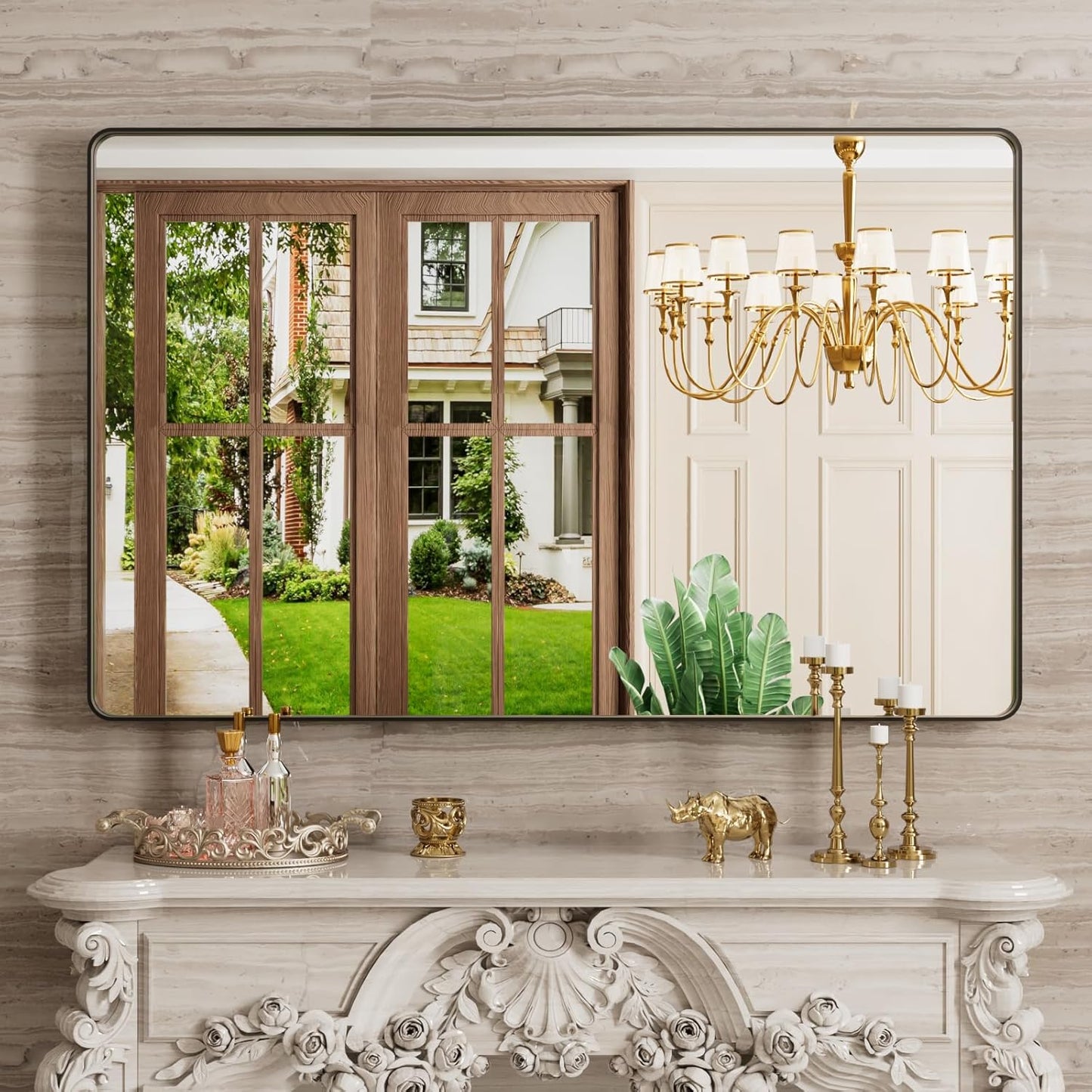 48X30 Inch Black Bathroom Mirror, Black Metal Framed Mirror for Wall, Rounded Rectangle Matte Bathroom Vanity Mirror with Tempered Glass, Anti-Rust, Horizontal/Vertical