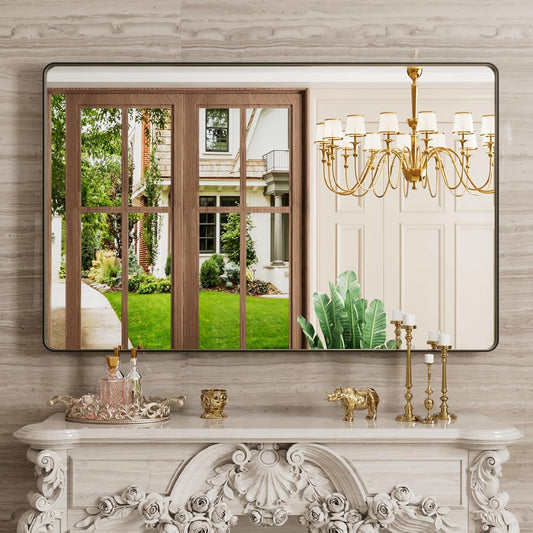48X30 Inch Black Bathroom Mirror, Black Metal Framed Mirror for Wall, Rounded Rectangle Matte Bathroom Vanity Mirror with Tempered Glass, Anti-Rust, Horizontal/Vertical