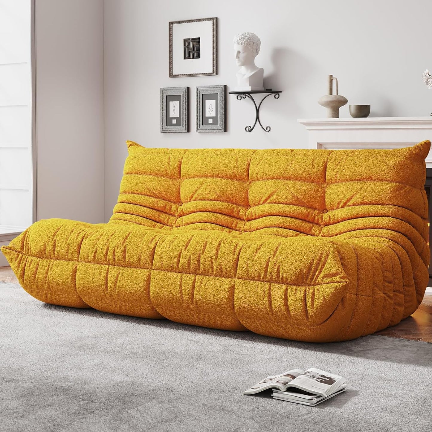 Bean Bag Chairs for Adults, BeanBag Reading Chair Memory Foam Couch 3-Seater, Floor Chair Soft Teddy Material, Comfy Reading Nook Chairs for Bedroom Living Room Office (Yellow)