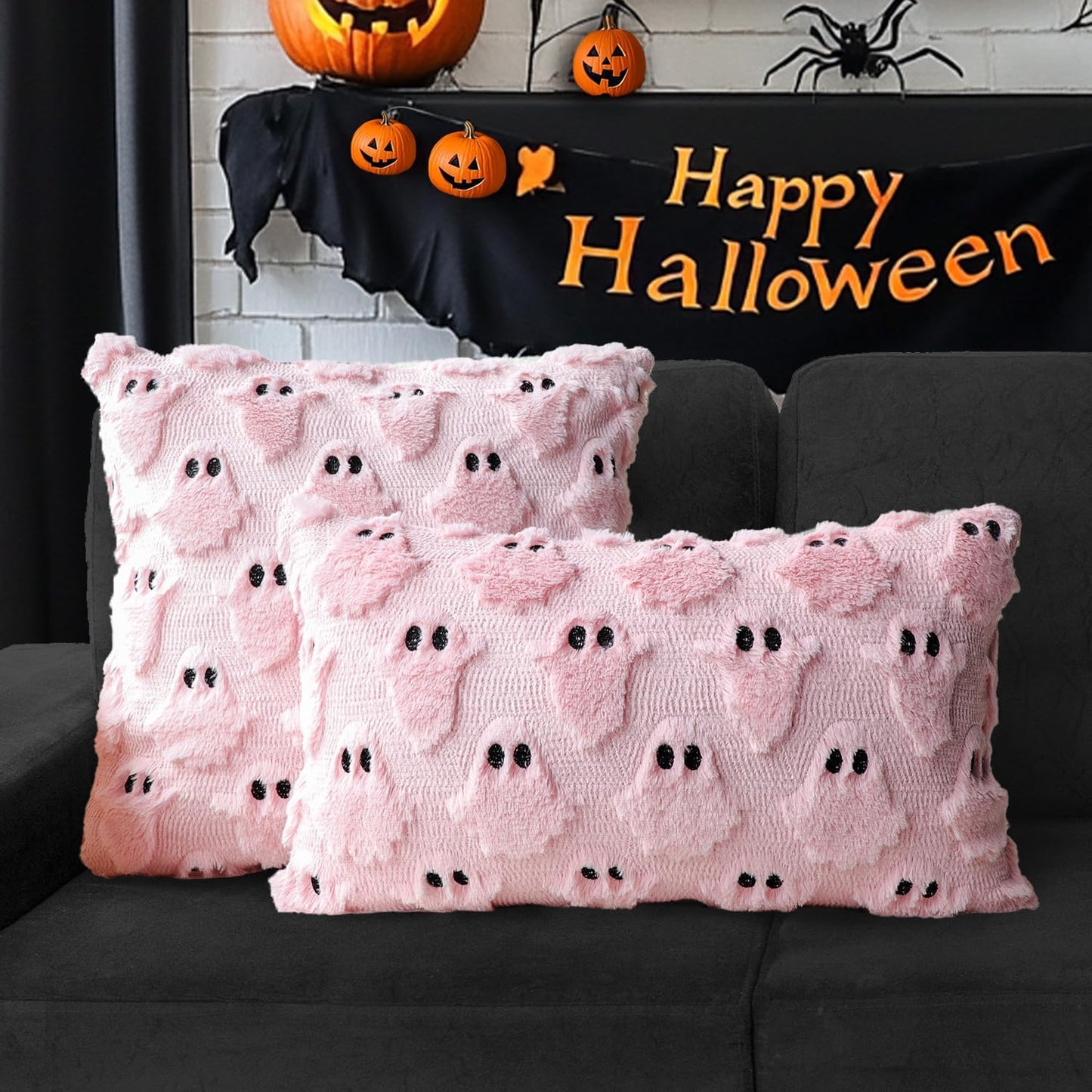 4TH Emotion Halloween Ghost Decorative Pillow Covers 18x18 Set of 2, Pink Soft Plush Faux Fur Farmhouse Throw Cushion Cases for Fall Autumn Holiday Home Decorations
