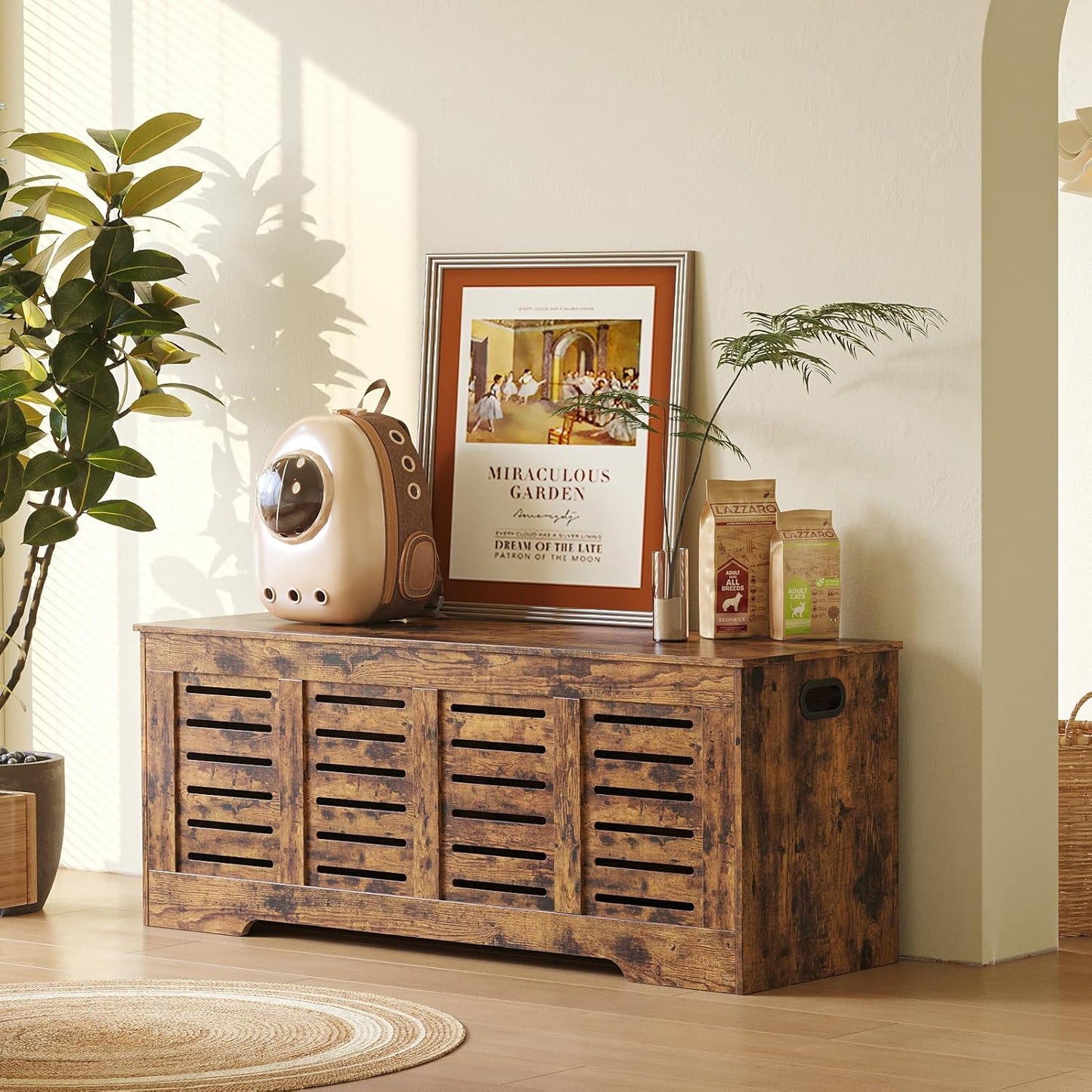 DINZI LVJ Storage Chest, 47.3” Wooden Toy Box with 2 Safety Hinges, Retro Entryway Shoe Storage Bench with Flip-Top, Sturdy Large Storage Trunk for Living Room, Bedroom, Easy Assembly, Rustic Brown