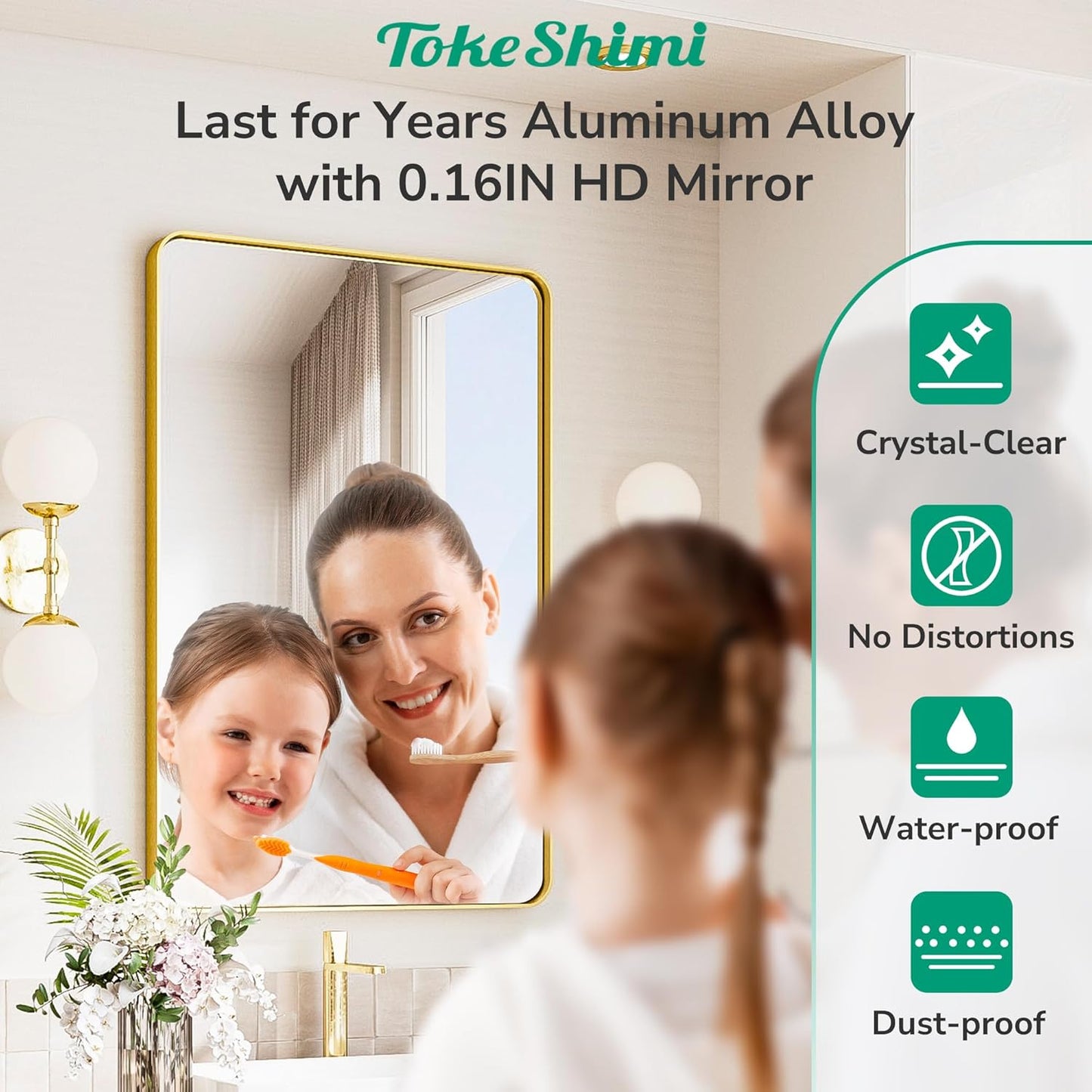 TokeShimi 30x36 Brushed Gold Mirror for Bathroom,Modern Bathroom Vanity Mirror,Tempered Glass,Gold Aluminum Framed Mirror(Horizontal/Vertical)