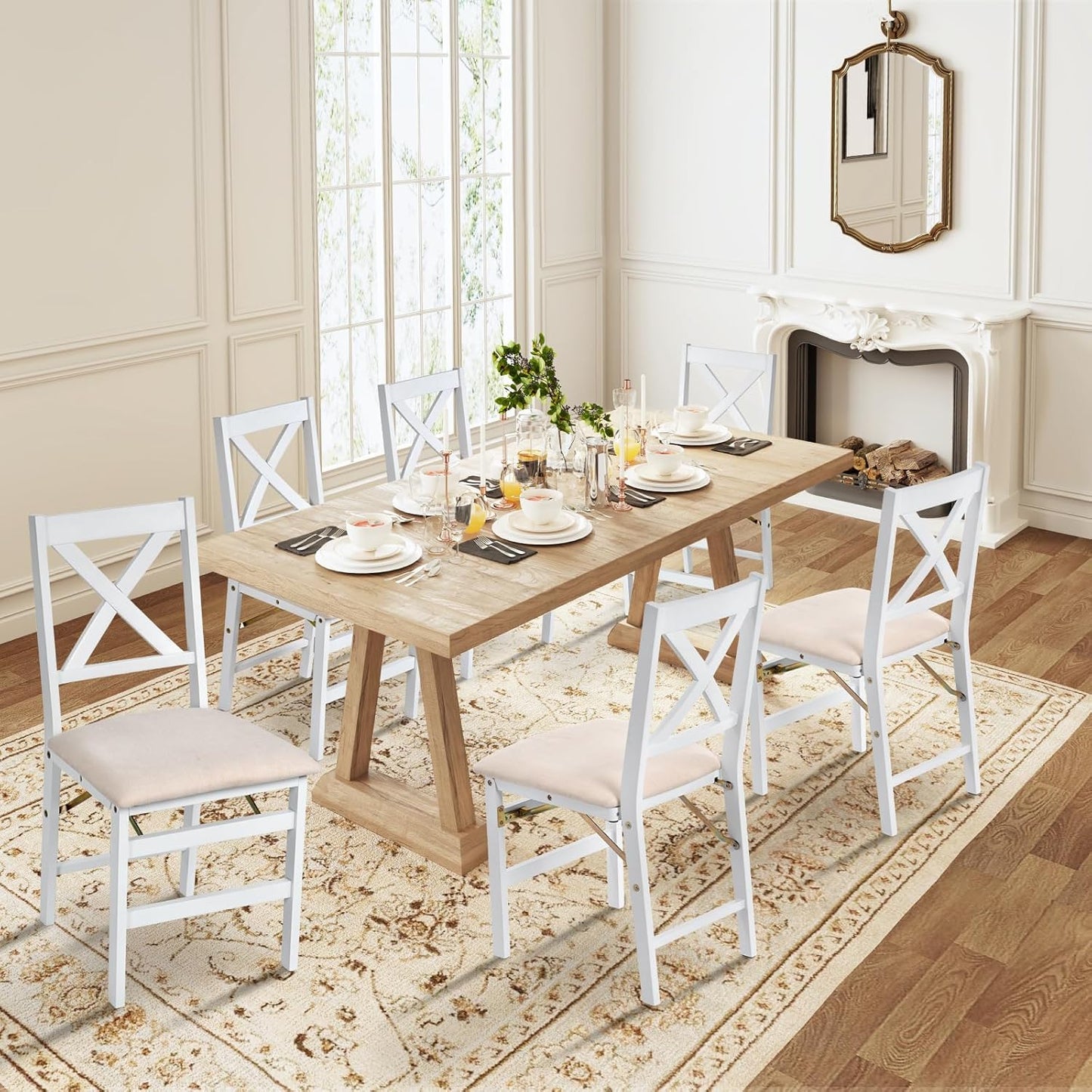 COLAMY Folding Dining Chairs Set of 6 – White Wooden Dining Room Chairs for Small Spaces, Pre-Assembled, Space Saving Kitchen & Dining Room Furniture, Indoor Outdoor Use