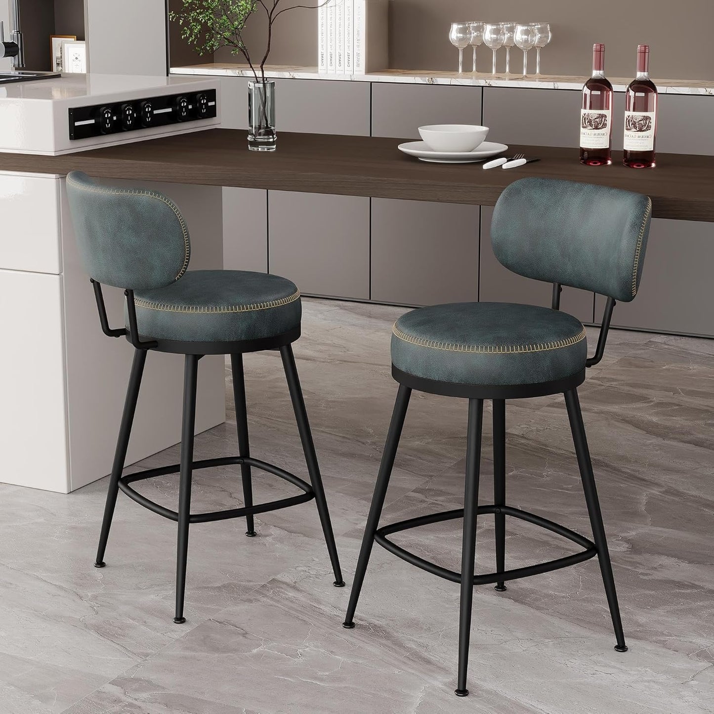 Counter Height Bar Stools, 26" H Swivel Barstools Set of 2, Faux Leather Kitchen Counter Stools with Back and Stylish Stitching, Metal Frame, Pub, Home Bar, Balck Green