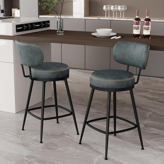 Counter Height Bar Stools, 26" H Swivel Barstools Set of 2, Faux Leather Kitchen Counter Stools with Back and Stylish Stitching, Metal Frame, Pub, Home Bar, Balck Green