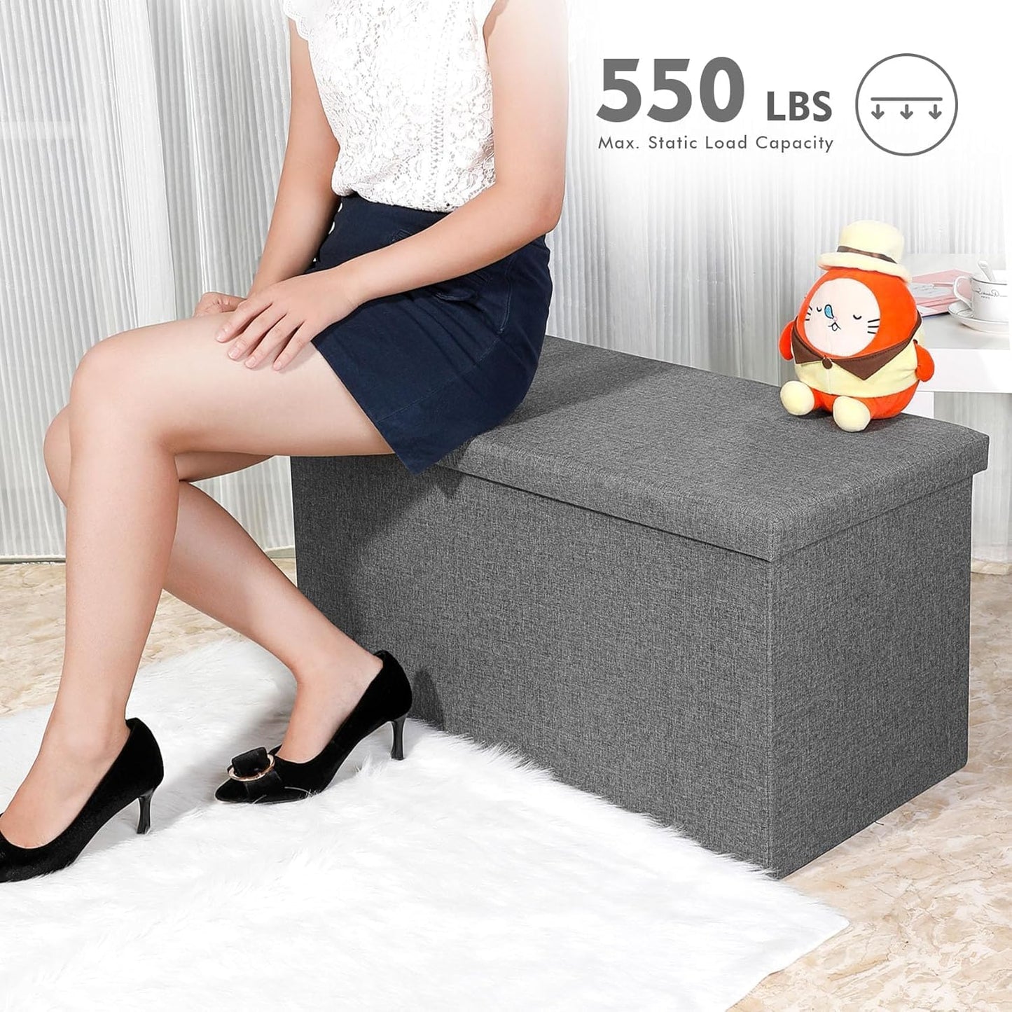 B FSOBEIIALEO Storage Ottoman with Tray, Linen Coffee Table Folding Long Shoes Bench Footstool, Dark Grey 30"x15.74"x15"