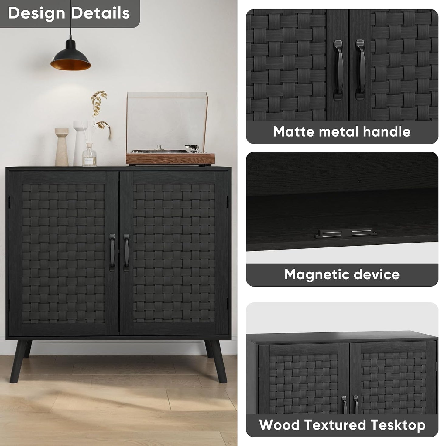 Smuxee Black Sideboard, Freestanding Buffet Cabinet with 2 PVC Rattan Doors, Storage Cabinet with Adjustable Shelf for Living Room, Entryway, Hallway