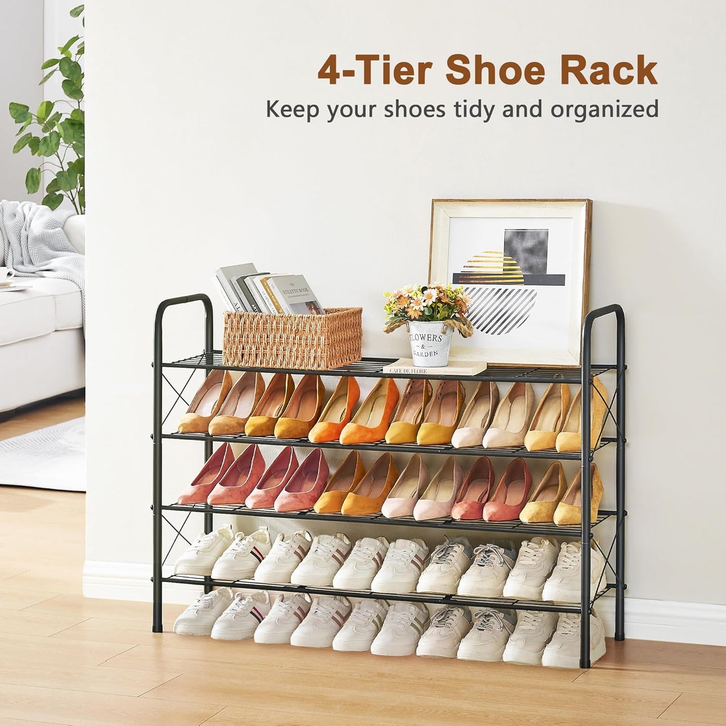 Hoctieon 4 Tier Mesh Style Shoe Rack, Entryway Shoe Shelf, Shoe Storage Organizer, Shoe Rack for Closet, Space Save for Bathroom, Garage, Hallway, Bedroom, Living Room, Black