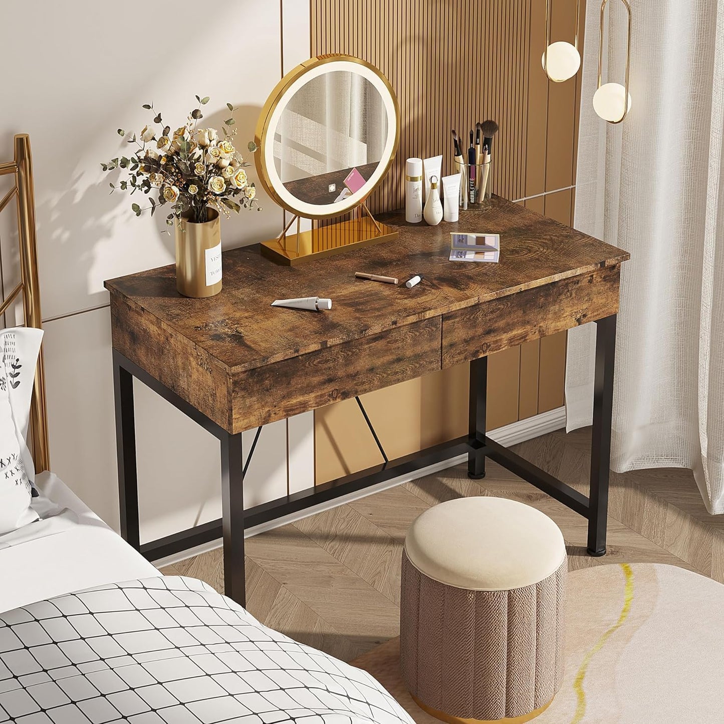 CAIYUN 40“ Small Desk for Bedroom, Computer Desk with 2 Wooden Drawers, Home Office Desk with Storage, Vanity Desk, Kids Study Writing Desk for Small Space, Vintage Table for Bedroom,(Rustic Brown)