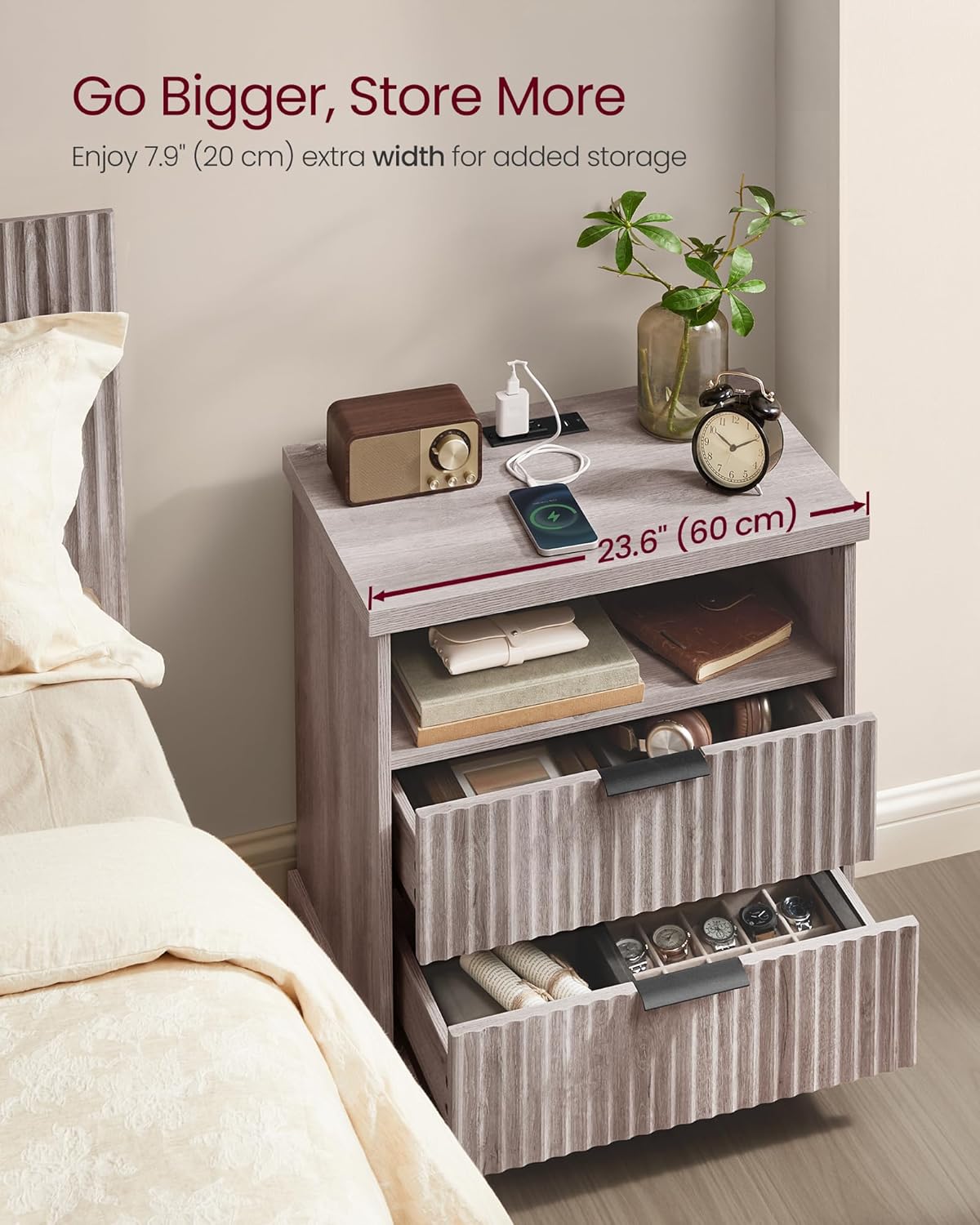 VASAGLE MAXE Collection - Nightstand with Charging Station, Bedside Table, Side End Table with 2 Drawers, Open Shelf, 2 AC Outlets, 2 USB Ports, Transitional, for Bedroom, Washed Gray ULET626G01S