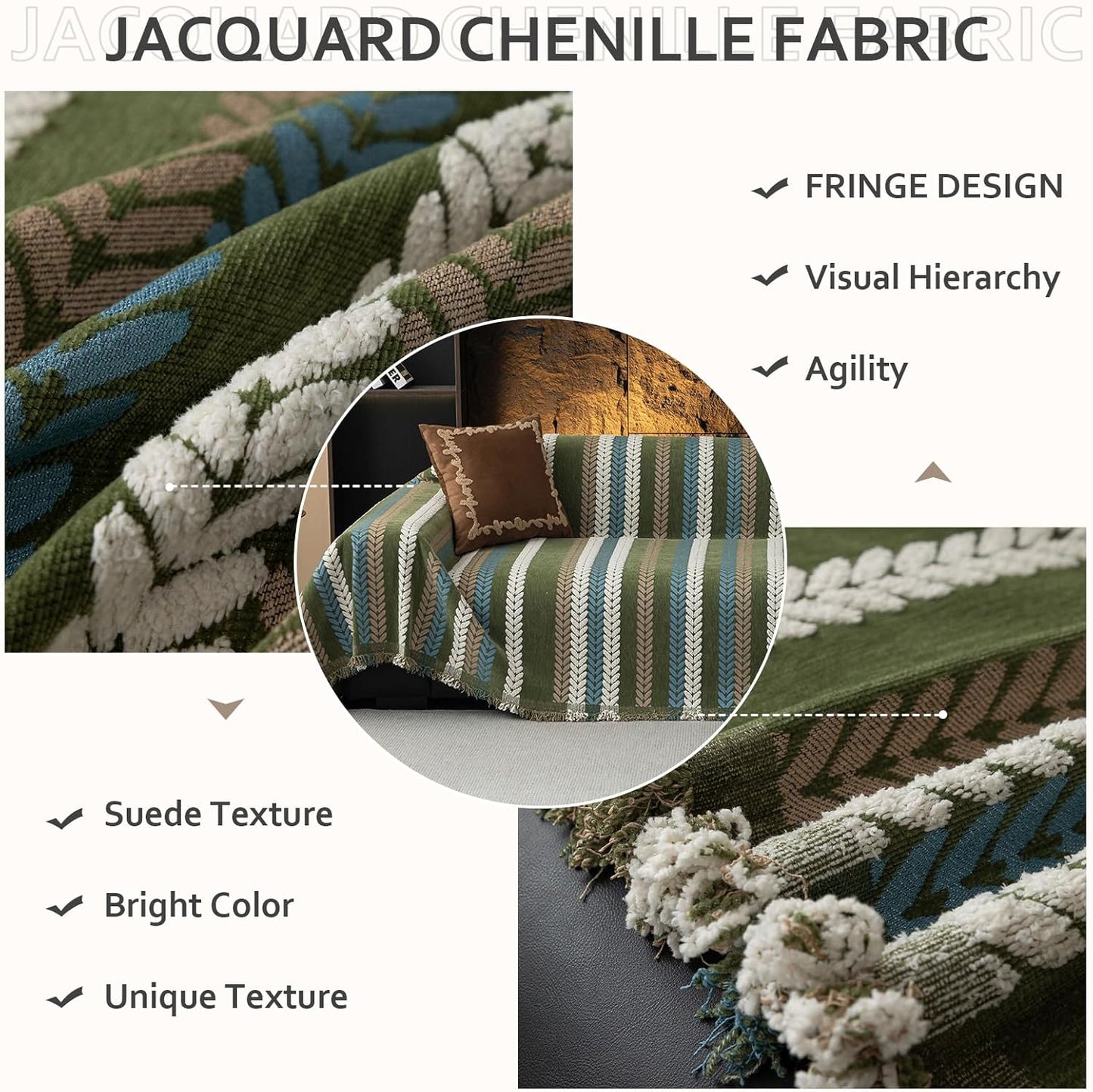 STACYPIK Thick Jacquard Green Couch Cover, Washable Sofa Cover for 3 Cushion Couch, Washable Chenille Couch Cover Blanket, Multi-use Sofa Protector Slipcover, Furniture Protector Pet-Friendly-71X134IN