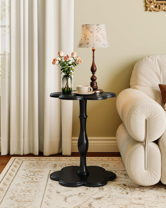 Accent Solid Wood End Table for Living Room, Small Bedside Tables Nightstand for Bedroom, Unique Pedestal Side Table, Round Wooden Tables for Drinks, Plants & Home Decor (Black)