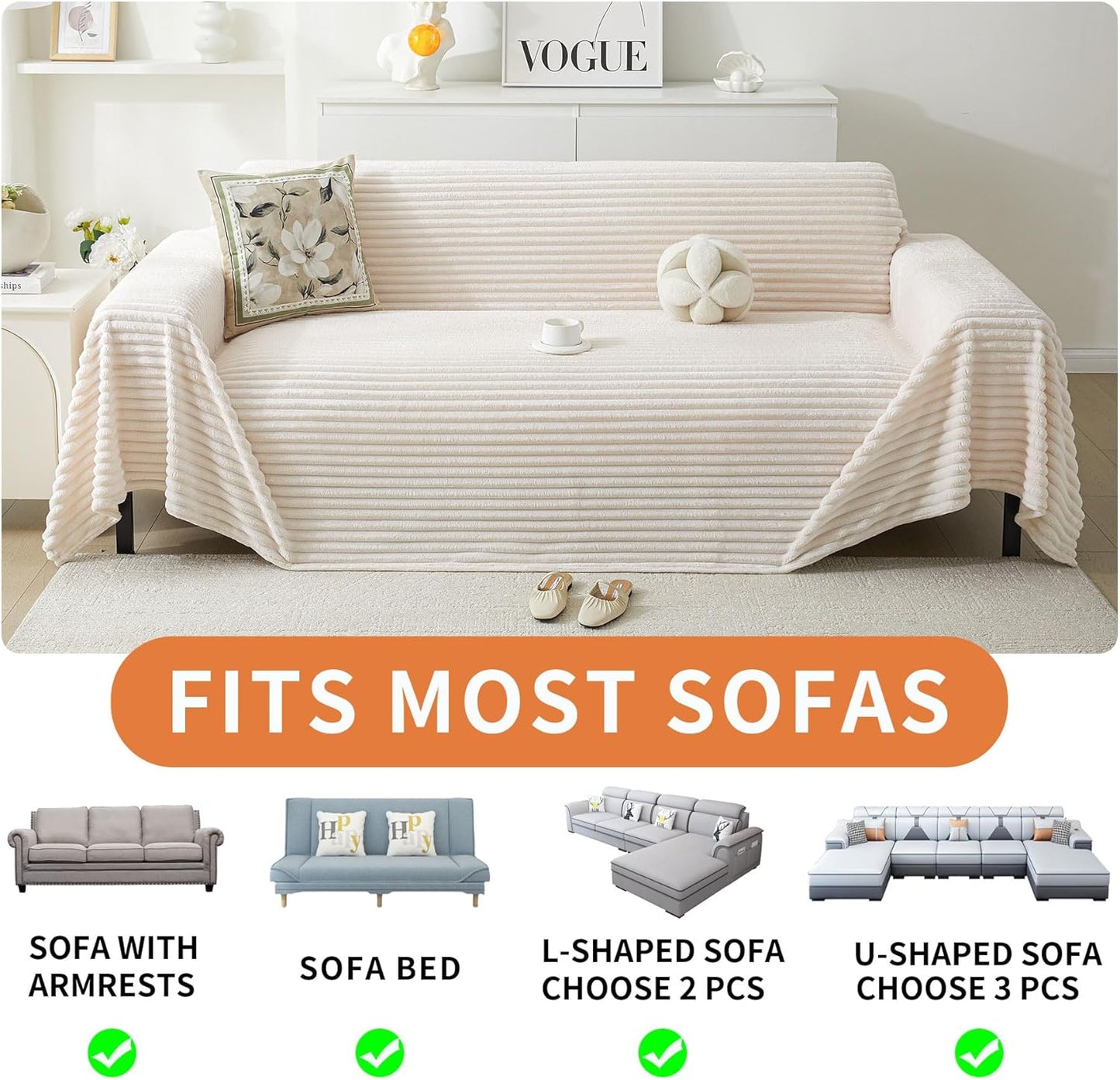 HAOMAIJIA Faux Fur Sofa Covers Couch Covers for 2 Cushion Couch Sofa Pet Friendly Soft Non Slip Couch Cover for Dogs Washable Sectional Couch Covers L Shape Furniture Protector (Off White, 91"x118")