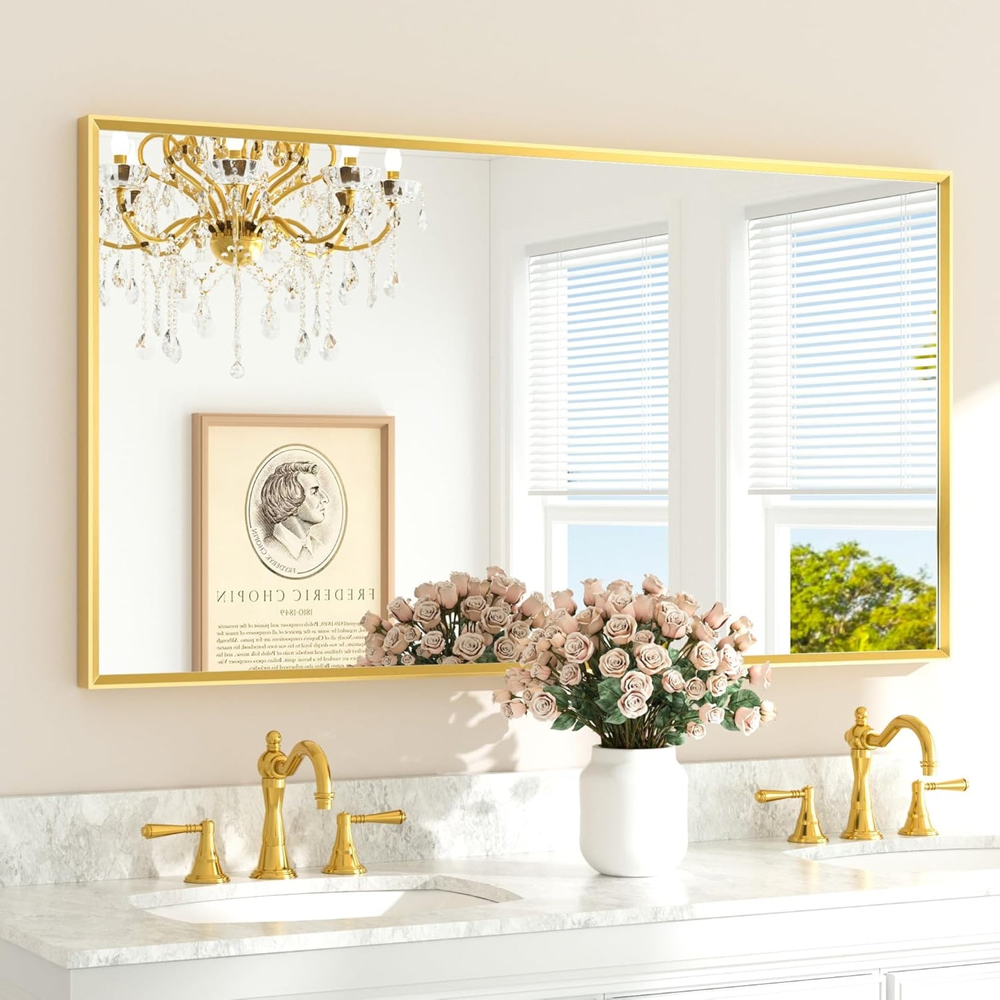 TETOTE Brushed Gold Bathroom Mirror for Over Sink 55" x 30" Large Brass Gold Beveled Framed Rectangular Vanity Mirror for Bathroom, Bedroom, Entryway, Living Room, Tempered Glass, Stronger Frame