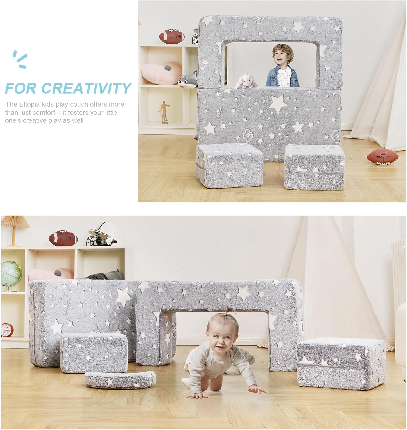 Modular Kids Sofa, Glow in The Dark Star Plush Couch, Convertible Kids Play Set, Fold Out Sofa Bed(Stars)