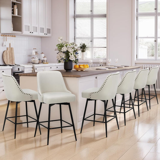 COLAMY Bar Stools Set of 6, 26.18" Counter Height Swivel Stools with Thick Padded Seat, Adjustable Footrest & 360° Rotation, Soft Fabric Upholstery for Kitchen Island/Home Bar/Cafe, Beige