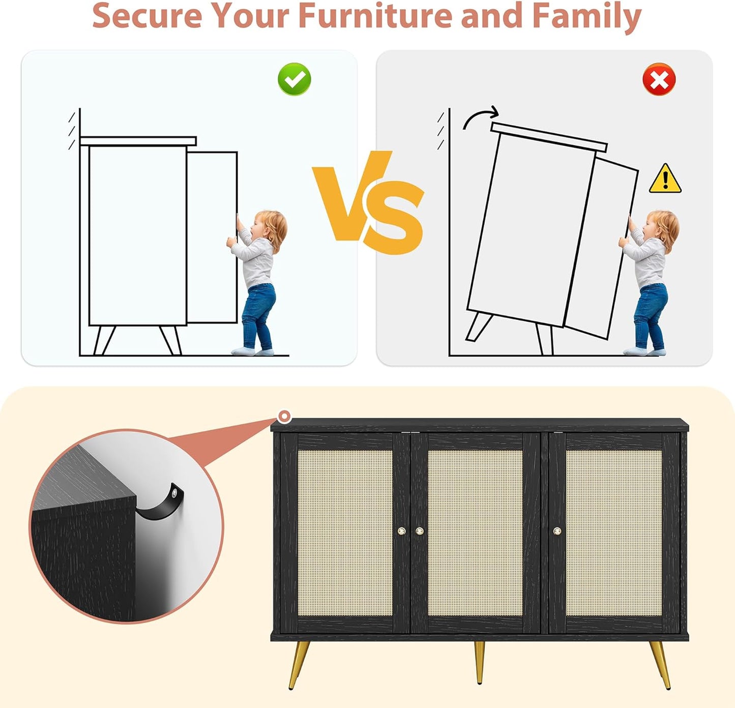 Shintenchi Large Rattan Storage Cabinet, Modern Sideboard Cabinet, Accent Large Storage Space Cabinet with Rattan Decorated Doors for Living Room, Dining Room, Black