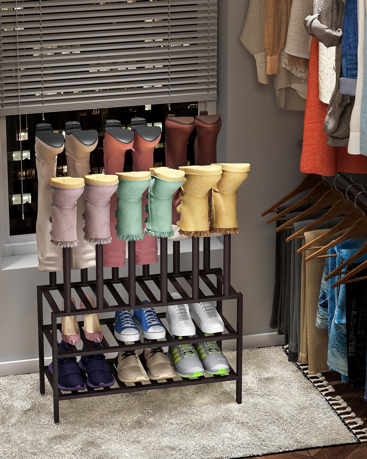 Boot Rack, Brown Boot Rack Organizer Tall Boots with Shoe Rack for Closet, Bamboo Wood Shoe Shelf Storage Organizer for Entryway Space