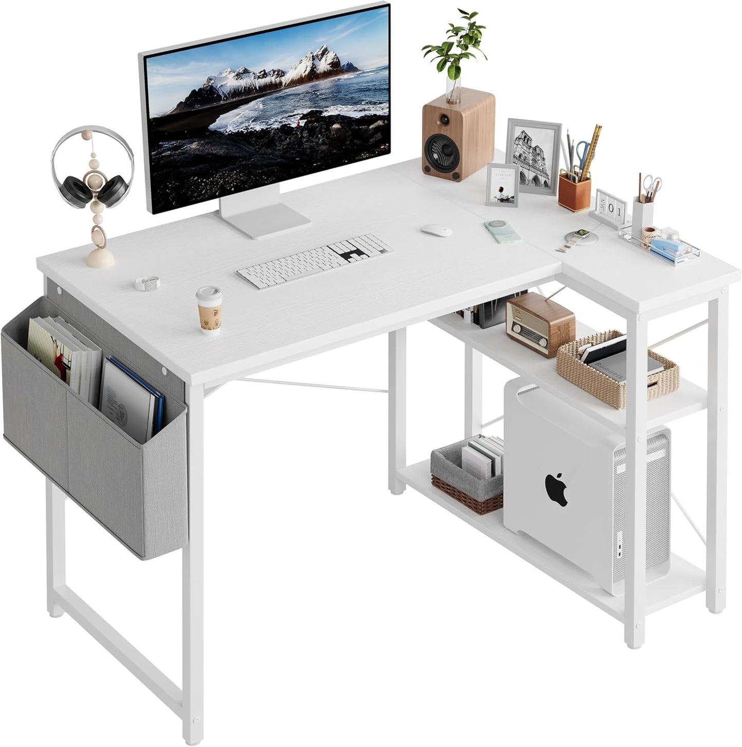 L Shaped Computer Desk with Reversible Shelves, 40 Inch Small Corner Desk with Storage Bag, Gaming Desk Computer Table Study Writing Desk for Home Office Small Space, White
