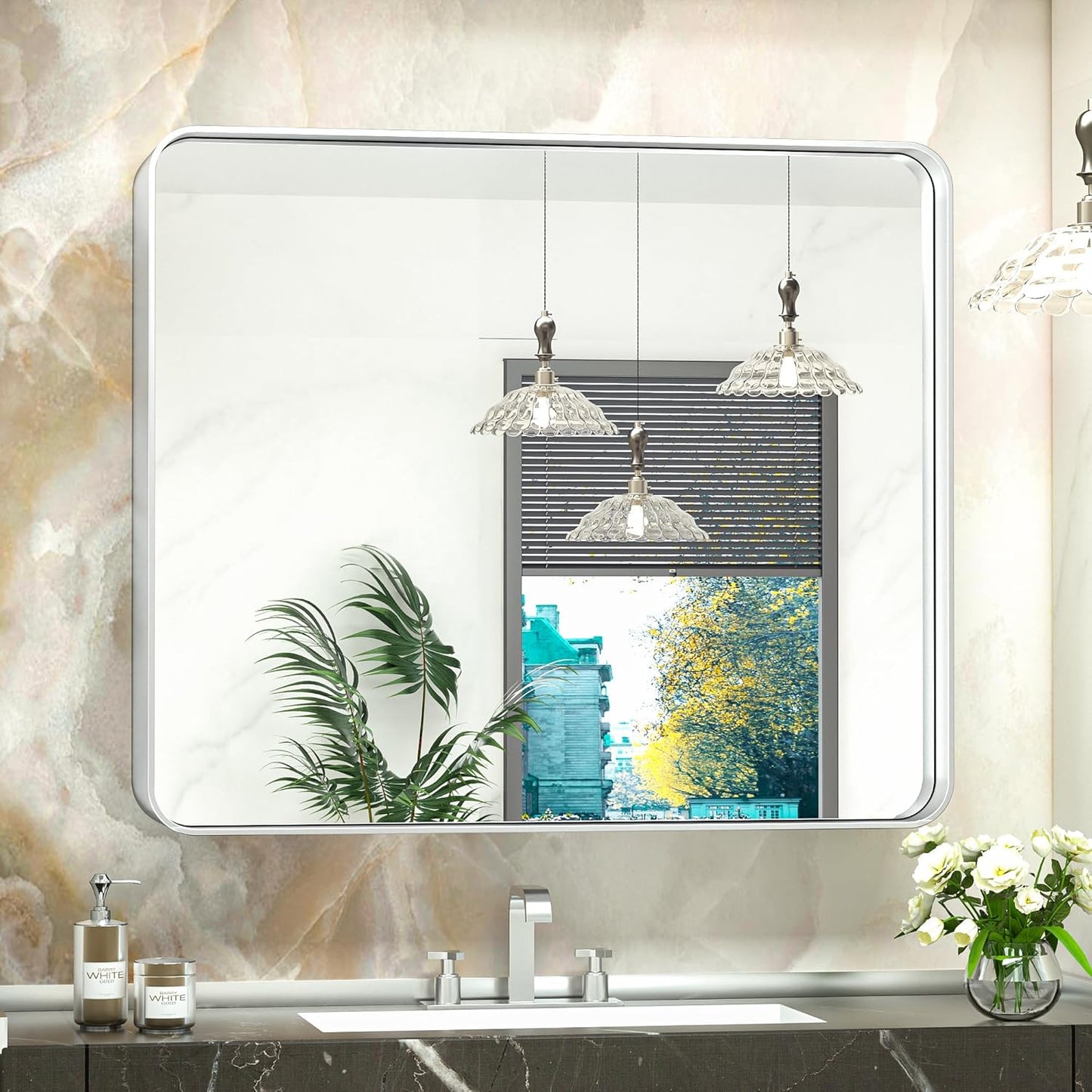 TokeShimi 42x36 Inch Brushed Silver Bathroom Mirror for Wall Brushed Brass Metal Rounded Corner Rectangle Mirror Metal Frame Deep Set Design Hangs Horizontal Or Vertical