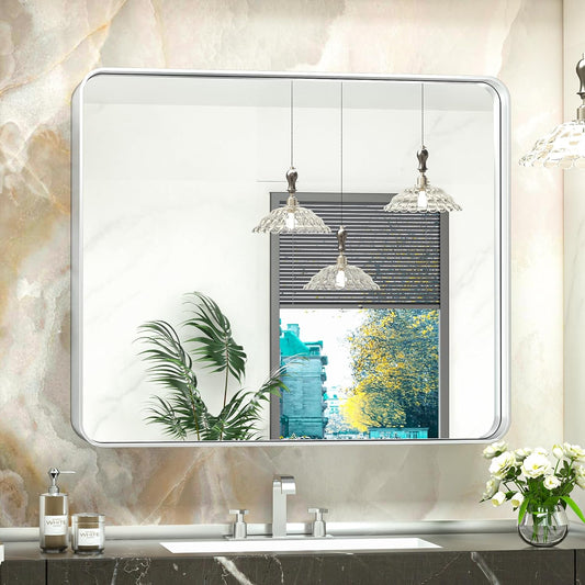 TokeShimi 42x36 Inch Brushed Silver Bathroom Mirror for Wall Brushed Brass Metal Rounded Corner Rectangle Mirror Metal Frame Deep Set Design Hangs Horizontal Or Vertical