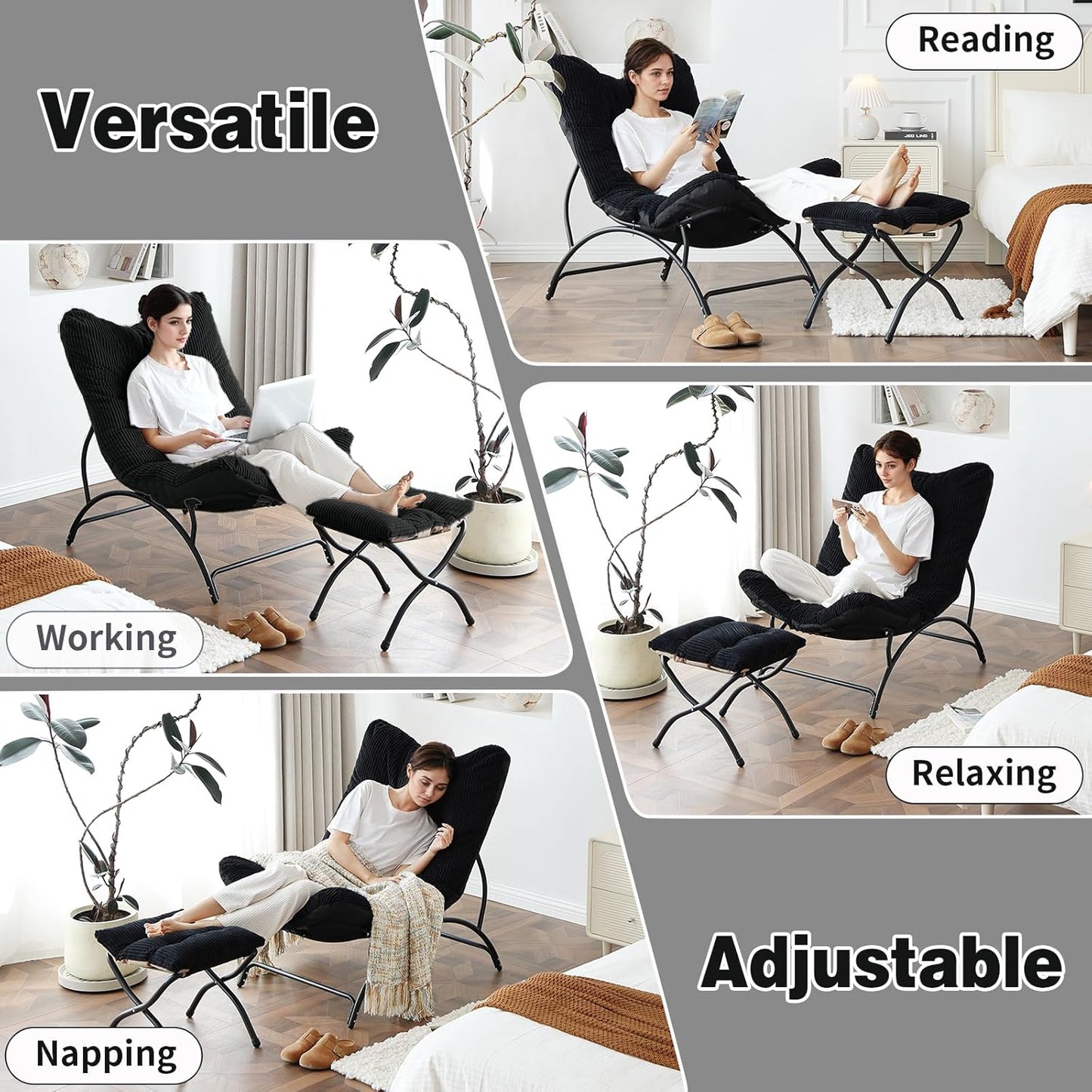 Welnow Accent Chair with Ottoman, Lounge Comfy Soft Leisure Metal Frame Reading Chair with Footrest, Upholstered Thick Cushion Seated Recliner Sofa for Living Room, Bedroom, Dorm, Black