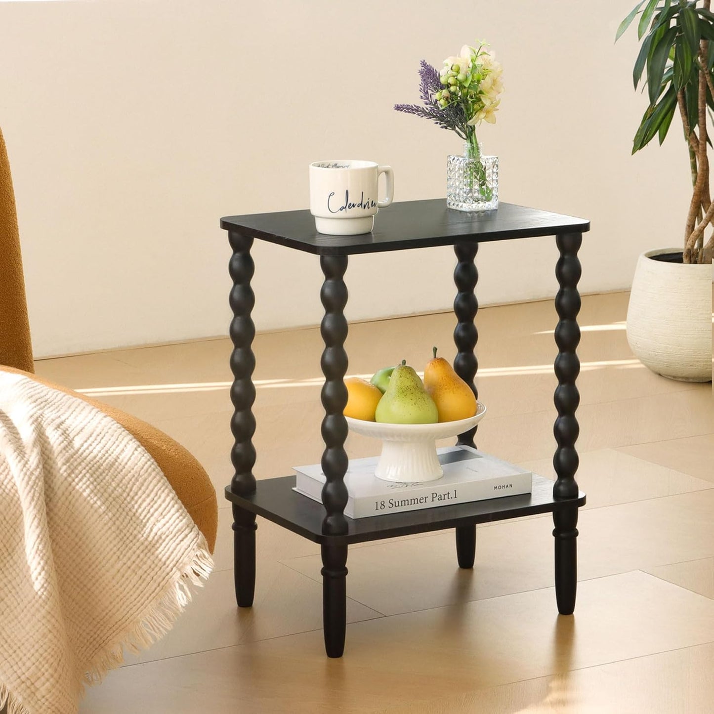 Black Side Table, Small End Table with 2-Tier Shelf, Vintage Night Stand with Storage for Bedroom Living Room, Small Spaces (Black)