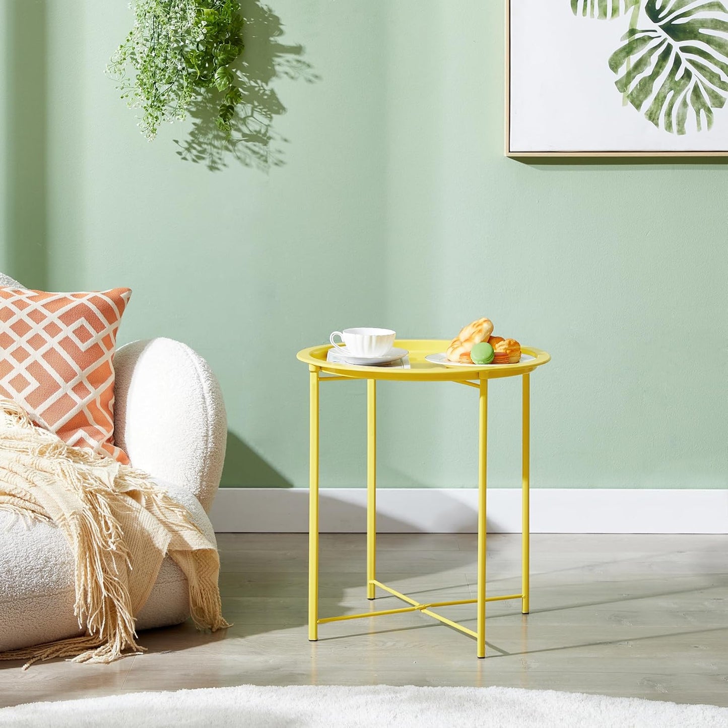 VECELO Side/End Table, Folding Round Metal Anti-Rust and Waterproof Outdoor or Indoor Tray for Living Room Bedroom Balcony and Office, 2 PCS, Yellow