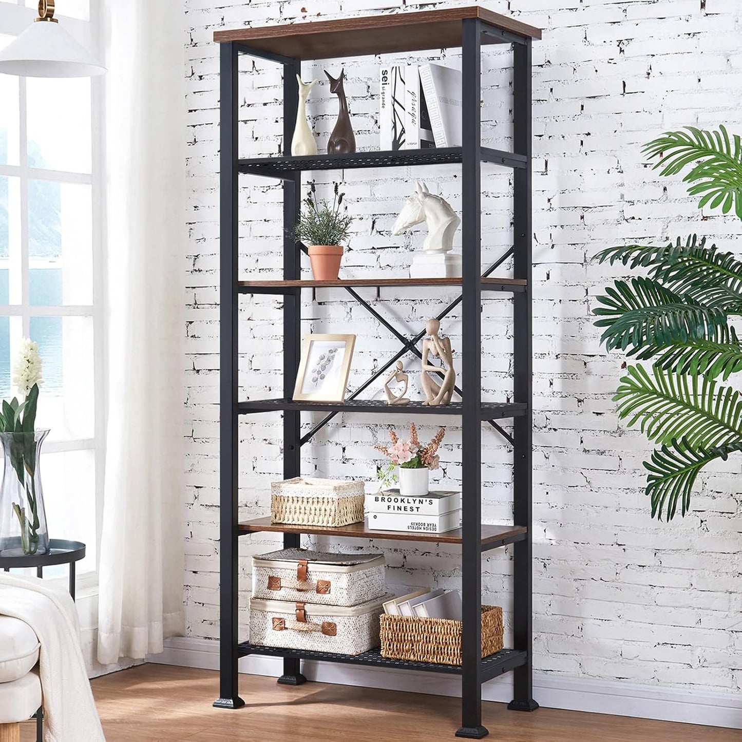 HOMBAZAAR 6 Tier Bookshelf,Rustic Brown Industrial Book Shelf,Engineered Wood and Metal Deep Bookcases,Tall Shelf Bookcase for Living Room,Office,Bedroom and Kitchen